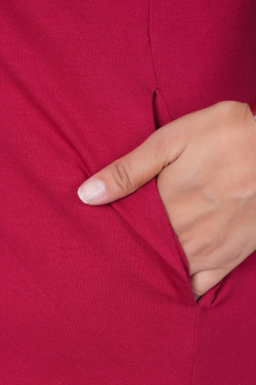 Maroon long round neck cotton t-shirt with pockets - Long cotton t-shirt