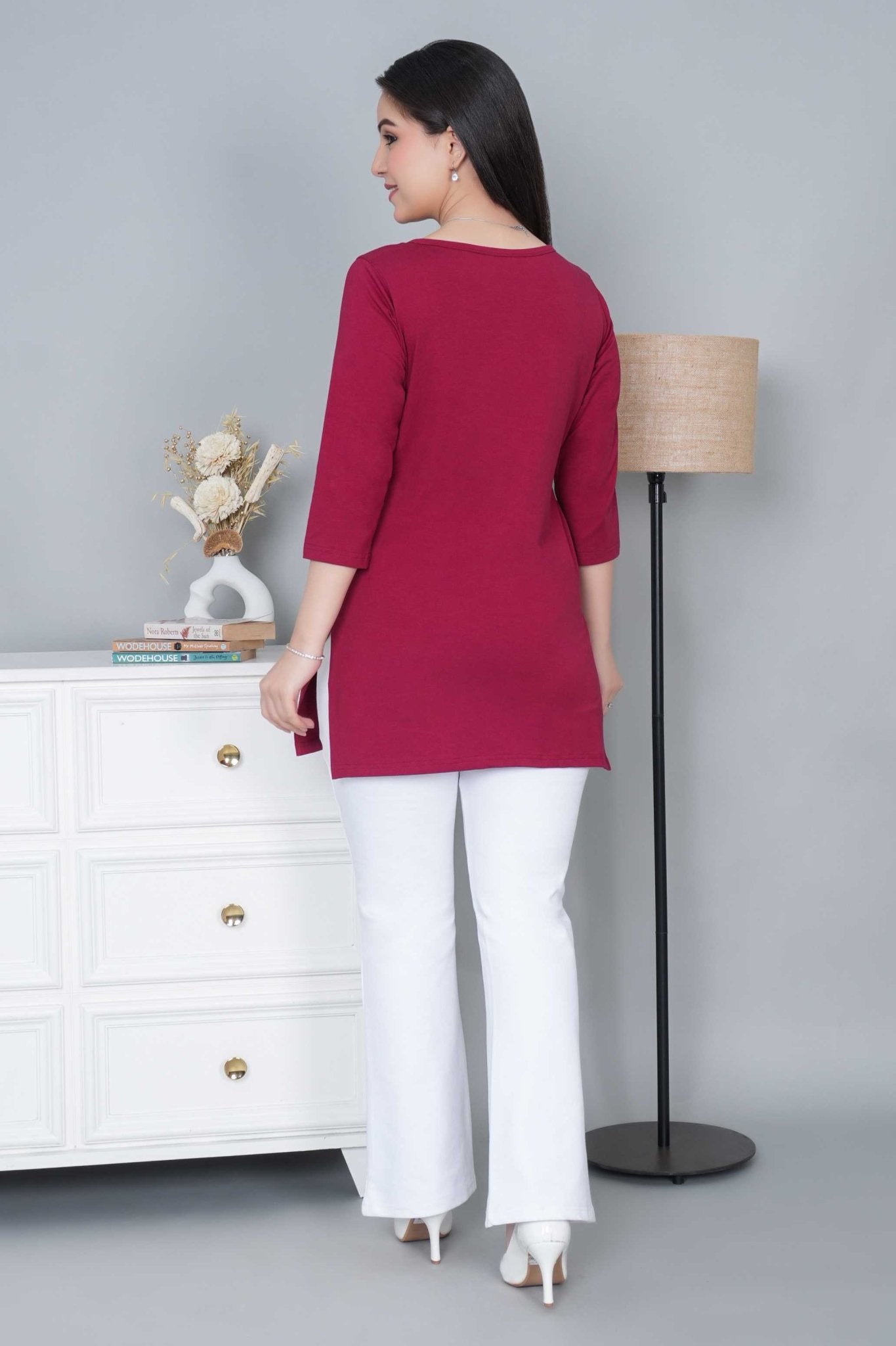Maroon long round neck henley cotton lycra t-shirt with pockets - Long cotton t-shirt