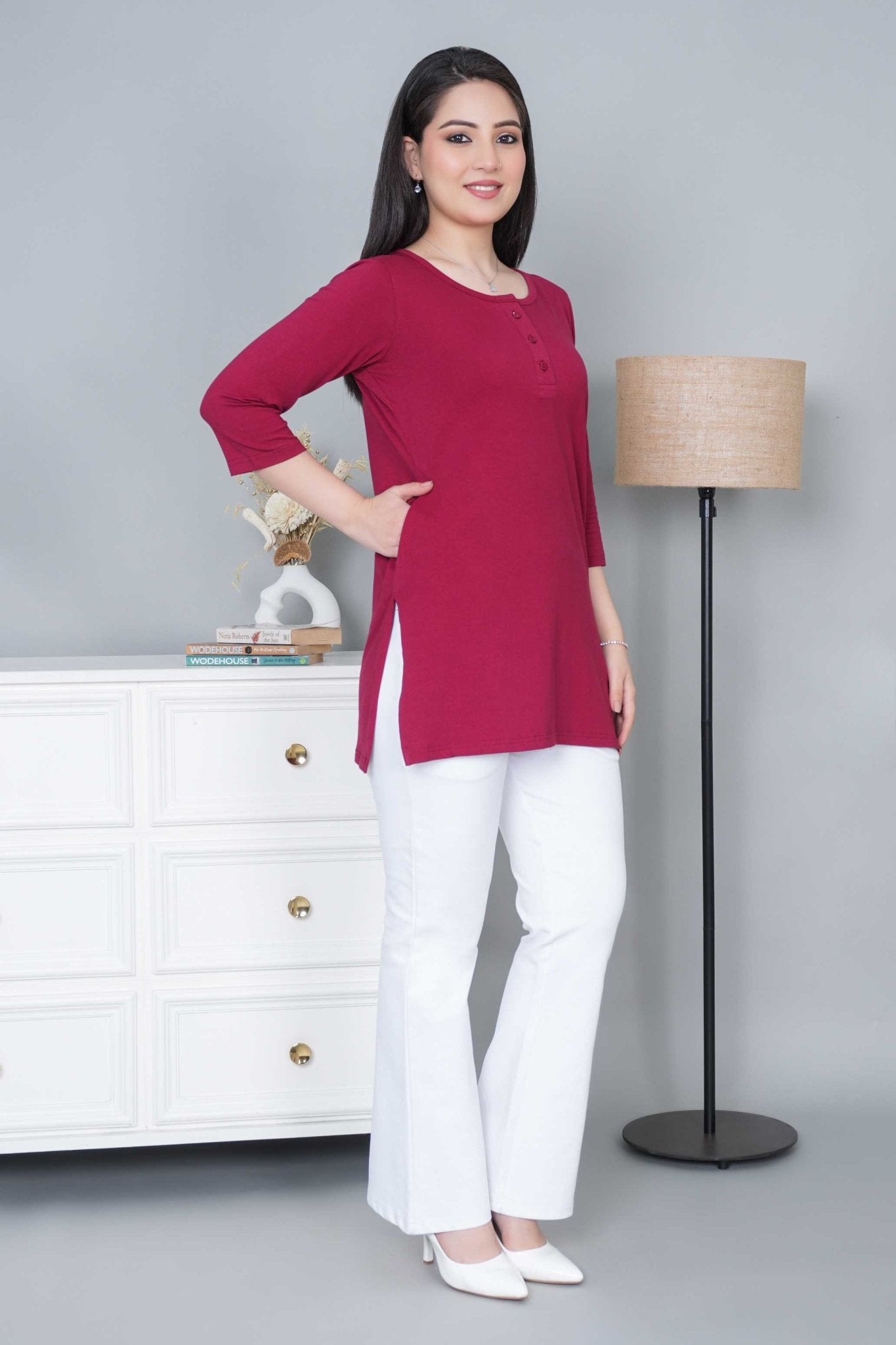 Maroon long round neck henley cotton lycra t-shirt with pockets - Long cotton t-shirt