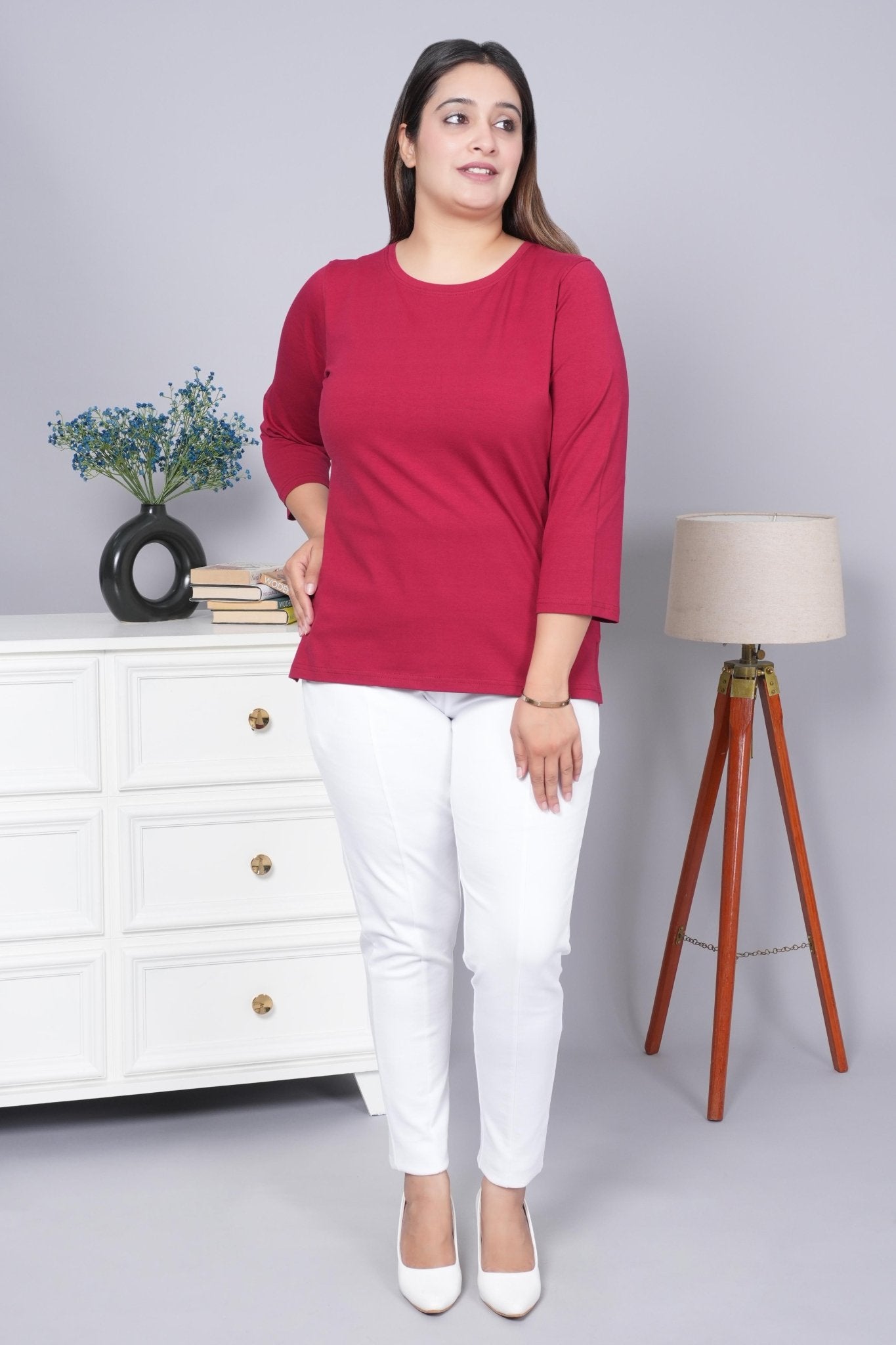 Maroon Round Neck Cotton 3/4 Sleeve T Shirt - Cotton t shirt