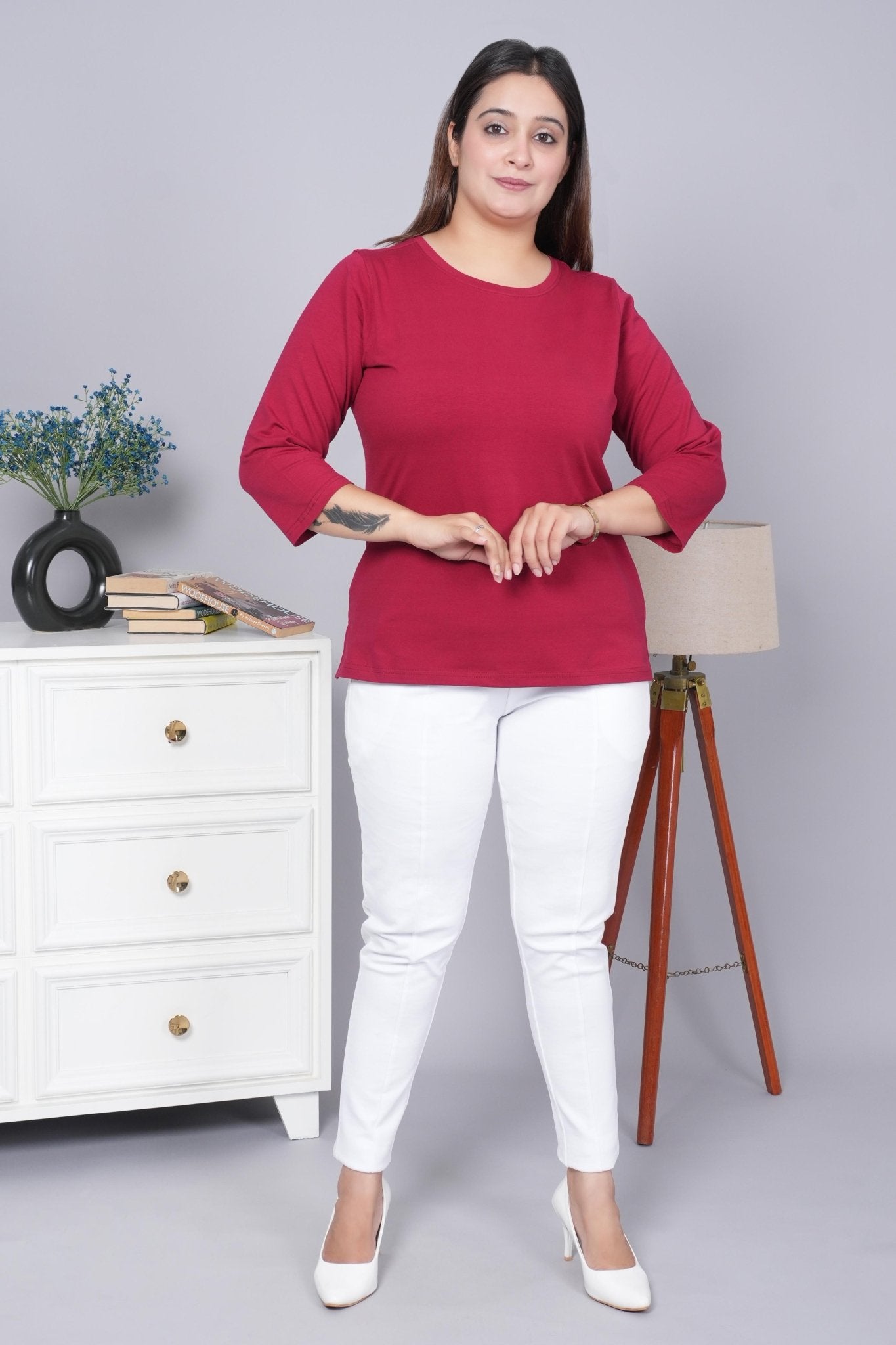 Maroon Round Neck Cotton 3/4 Sleeve T Shirt - Cotton t shirt