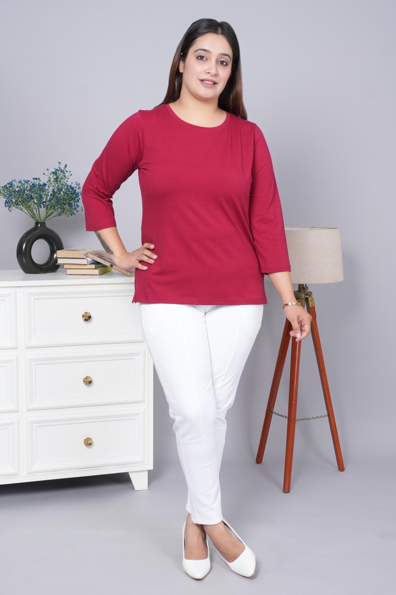 Maroon Round Neck Cotton 3/4 Sleeve T Shirt - Cotton t shirt