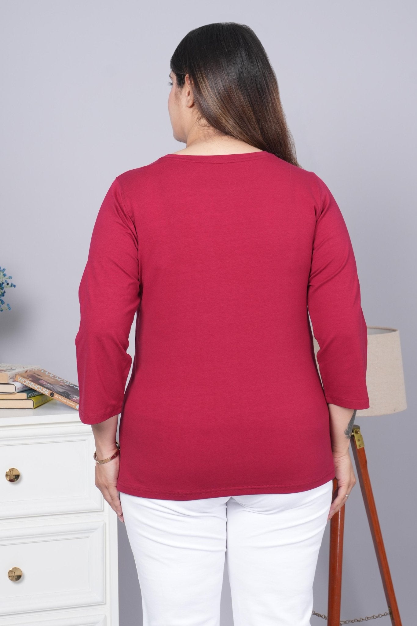 Maroon Round Neck Cotton 3/4 Sleeve T Shirt - Cotton t shirt