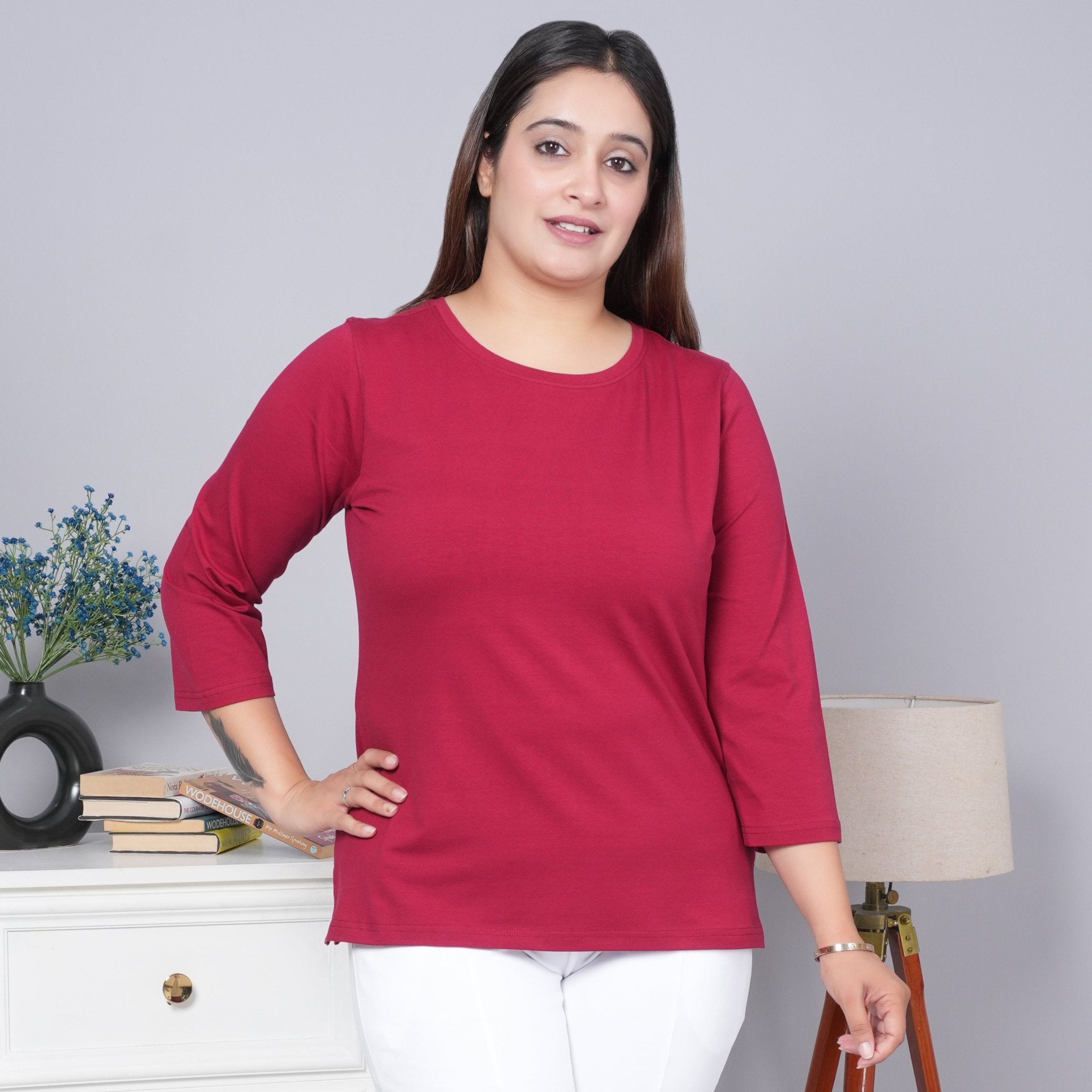 Maroon Round Neck Cotton 3/4 Sleeve T Shirt - Cotton t shirt