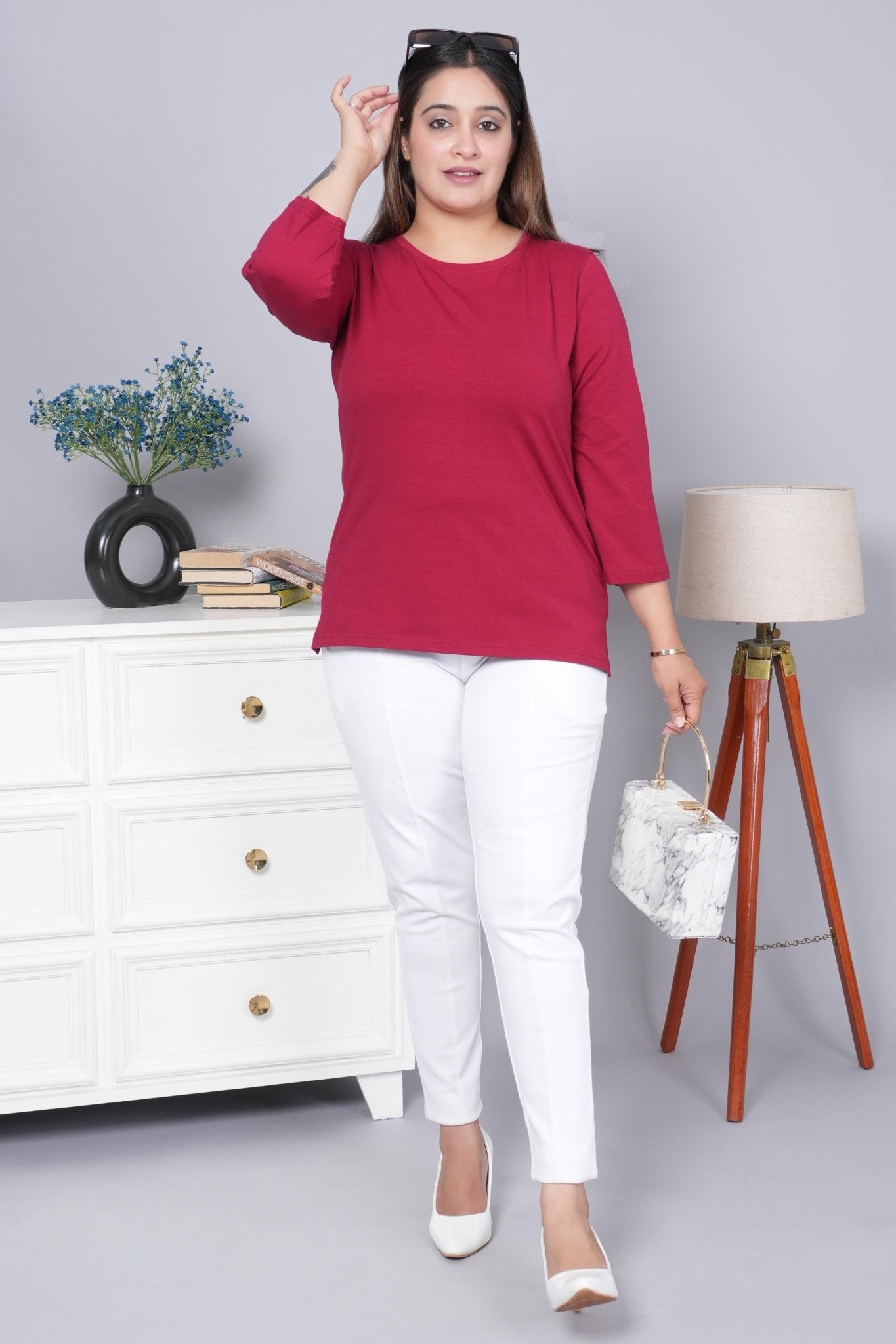 Maroon Round Neck Cotton 3/4 Sleeve T Shirt - Cotton t shirt