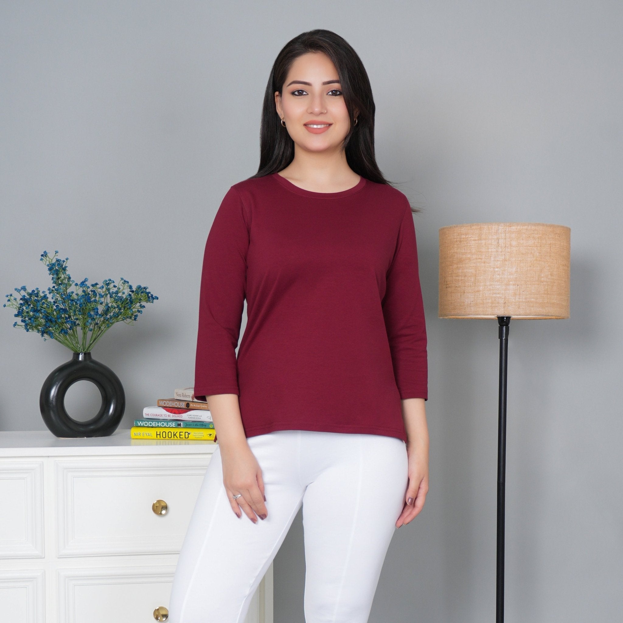 Maroon Round Neck Cotton Lycra 3/4 Sleeve T Shirt - Cotton t shirt