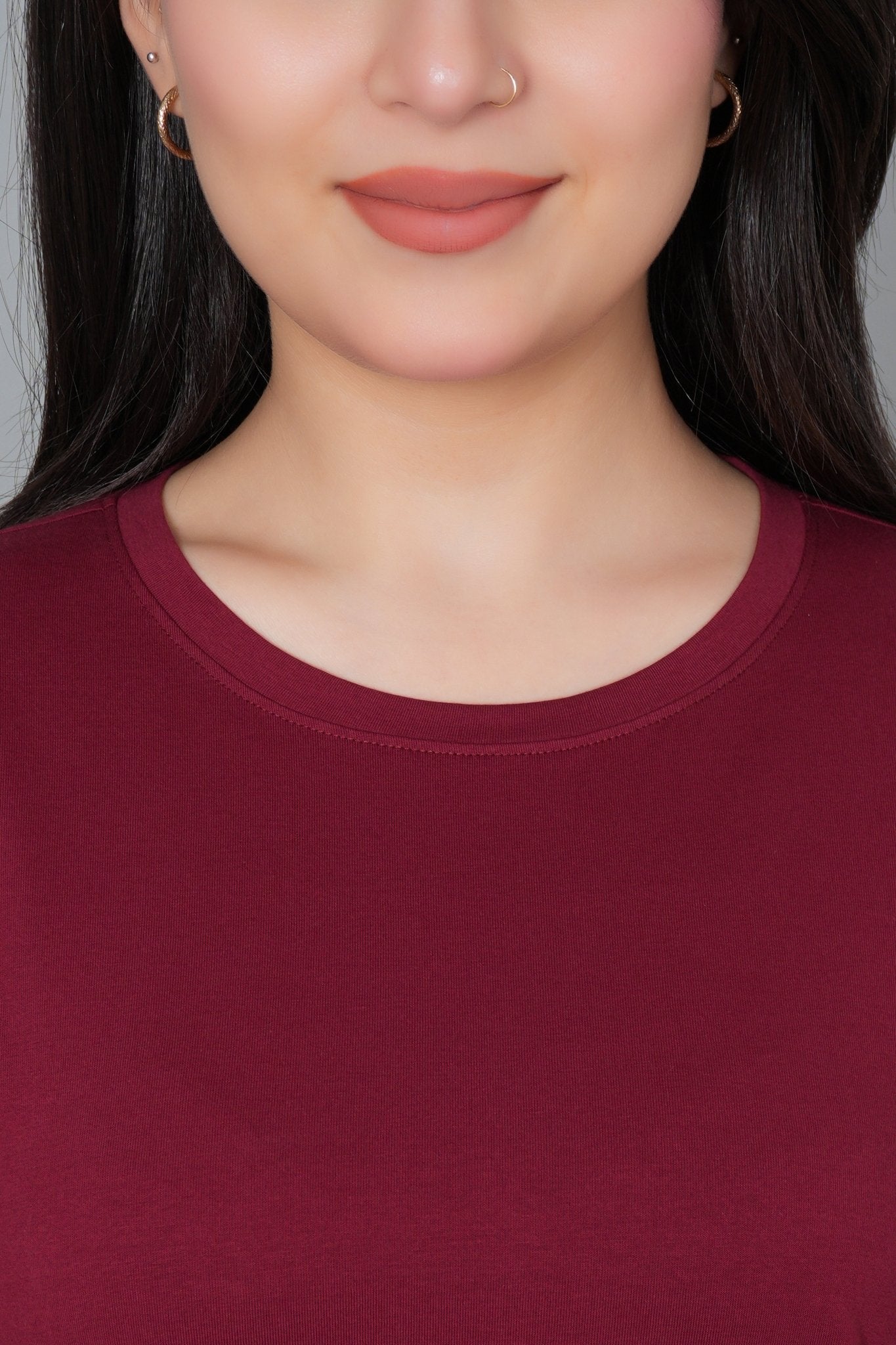 Maroon Round Neck Cotton Lycra 3/4 Sleeve T Shirt - Cotton t shirt