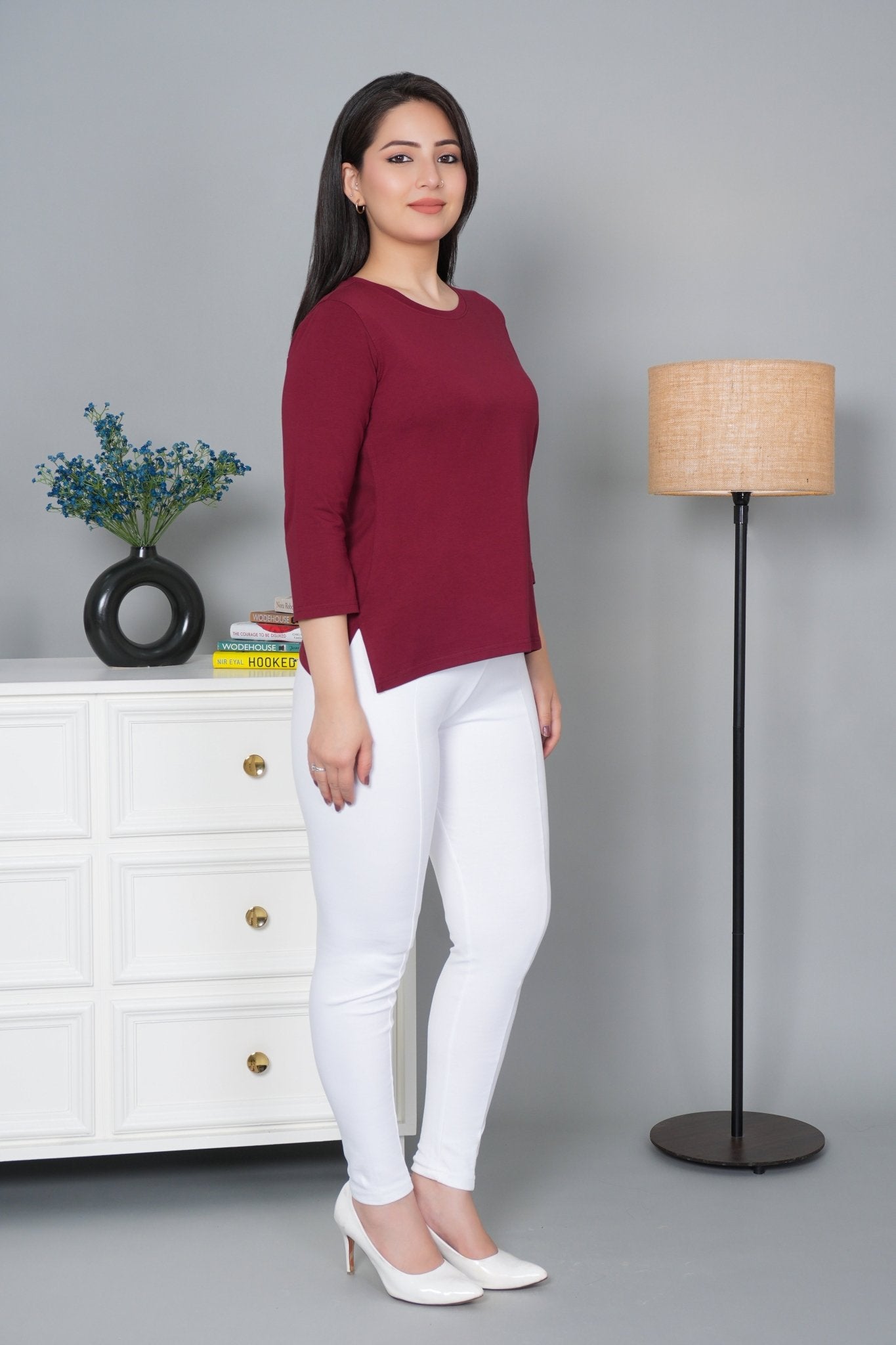 Maroon Round Neck Cotton Lycra 3/4 Sleeve T Shirt - Cotton t shirt