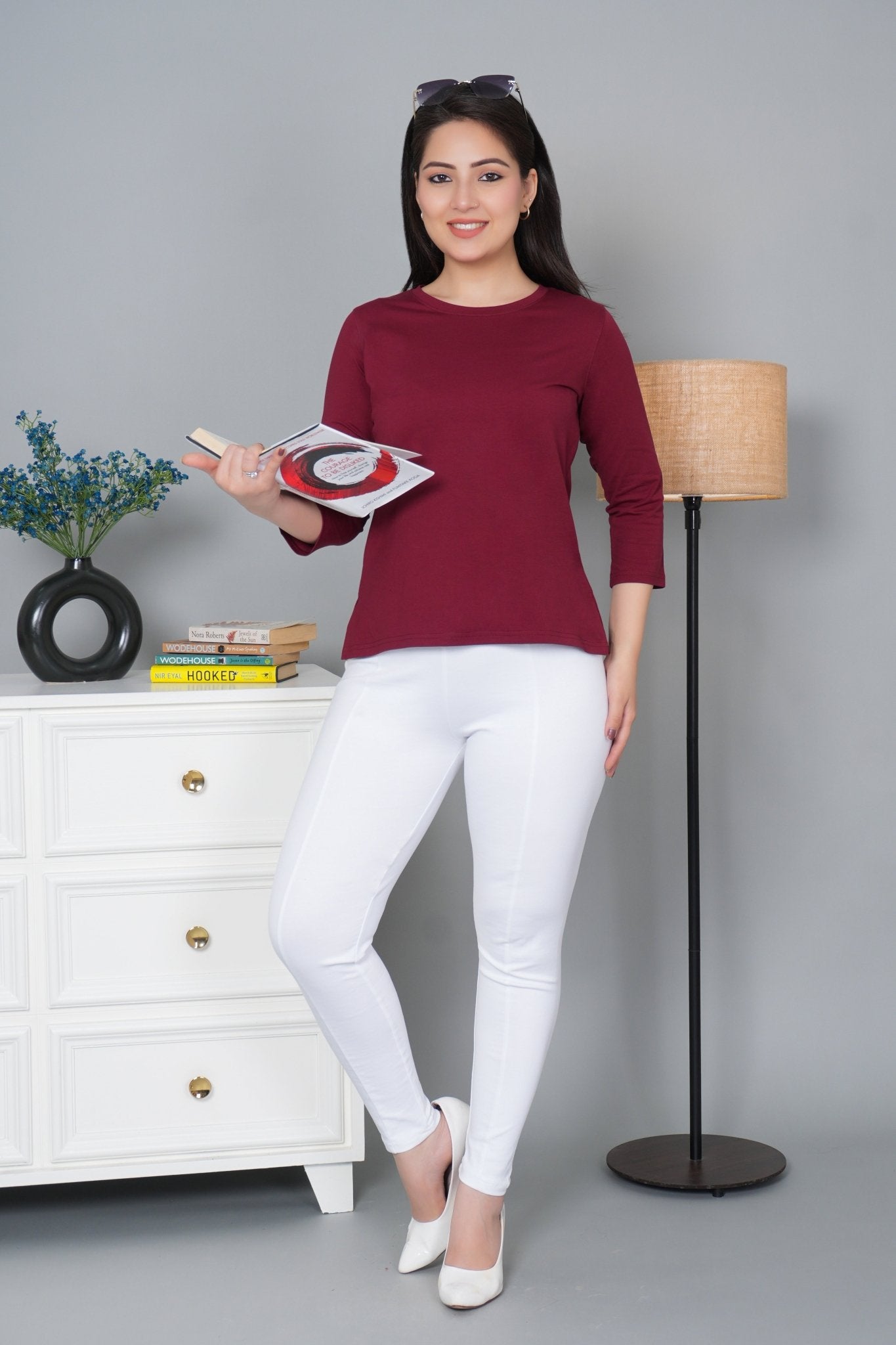 Maroon Round Neck Cotton Lycra 3/4 Sleeve T Shirt - Cotton t shirt