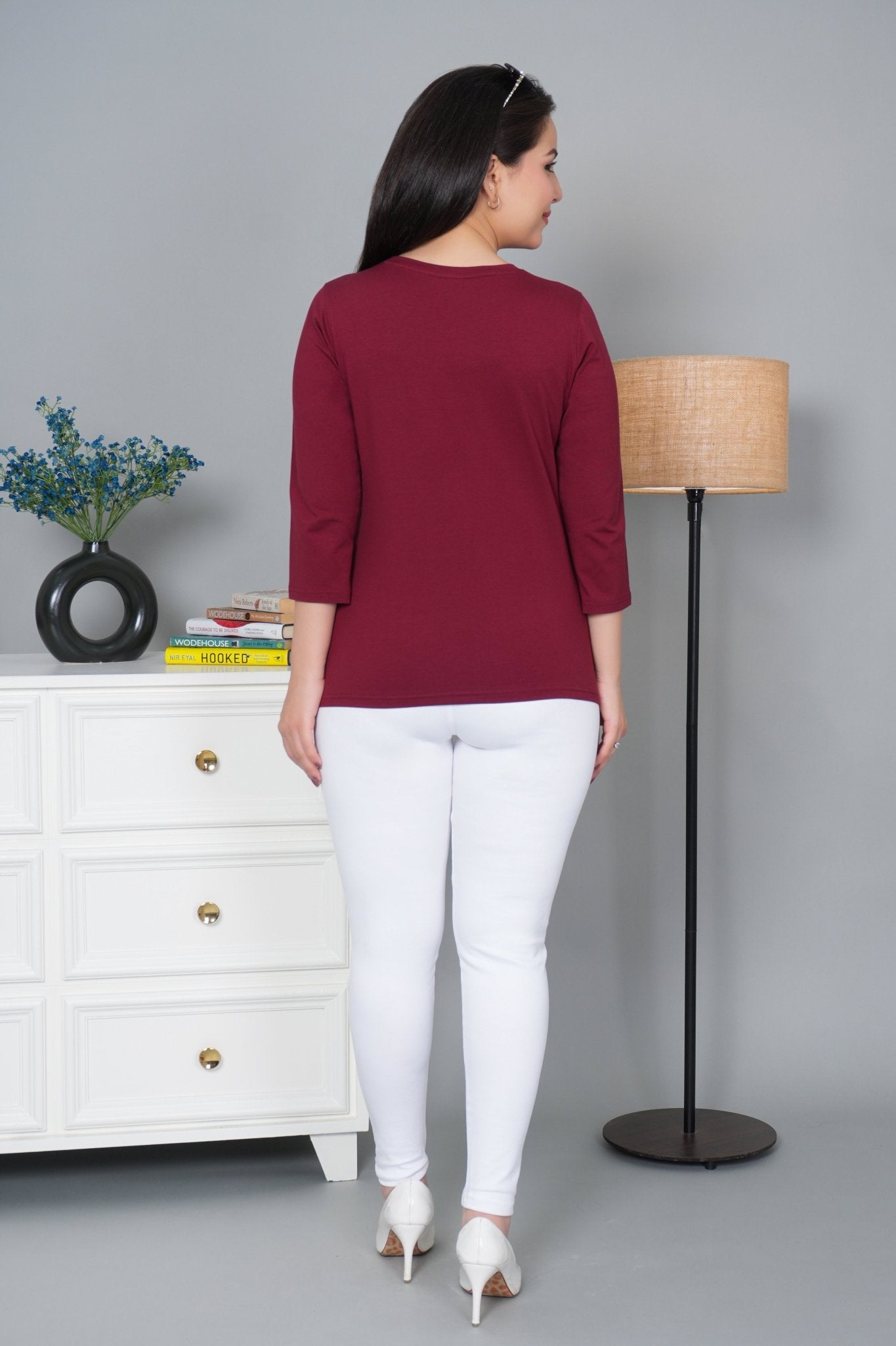 Maroon Round Neck Cotton Lycra 3/4 Sleeve T Shirt - Cotton t shirt