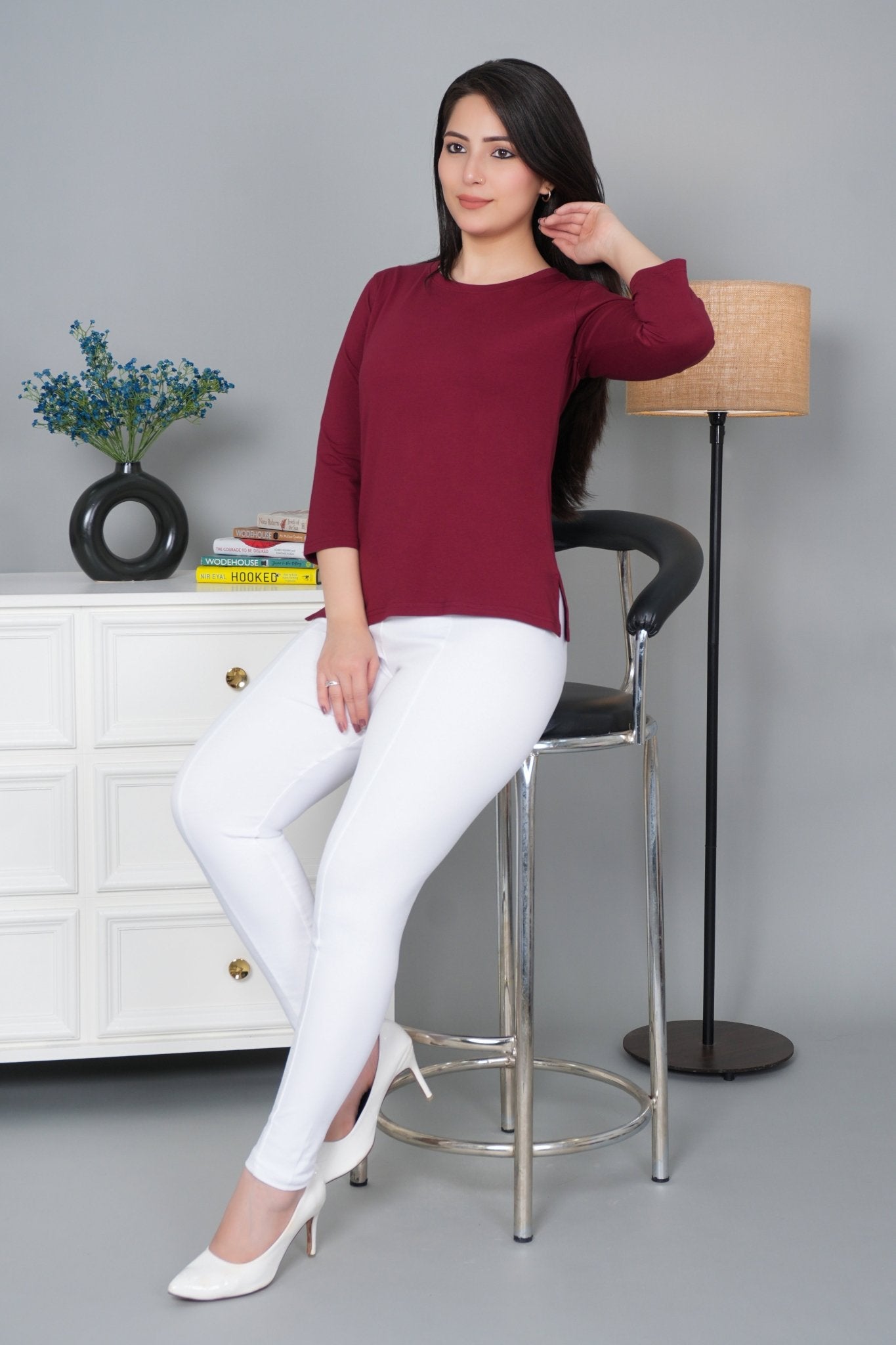 Maroon Round Neck Cotton Lycra 3/4 Sleeve T Shirt - Cotton t shirt