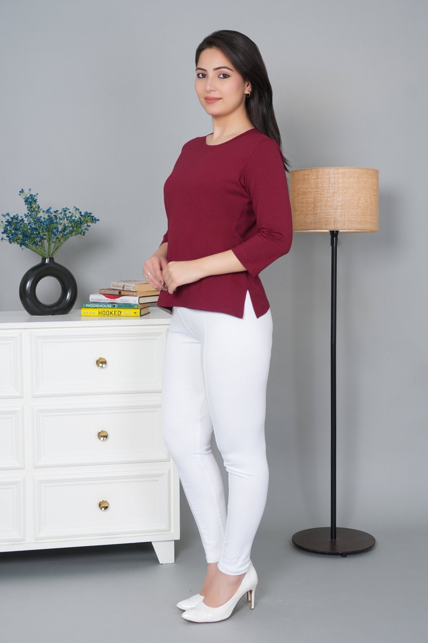 Maroon Round Neck Cotton Lycra 3/4 Sleeve T Shirt - Cotton t shirt