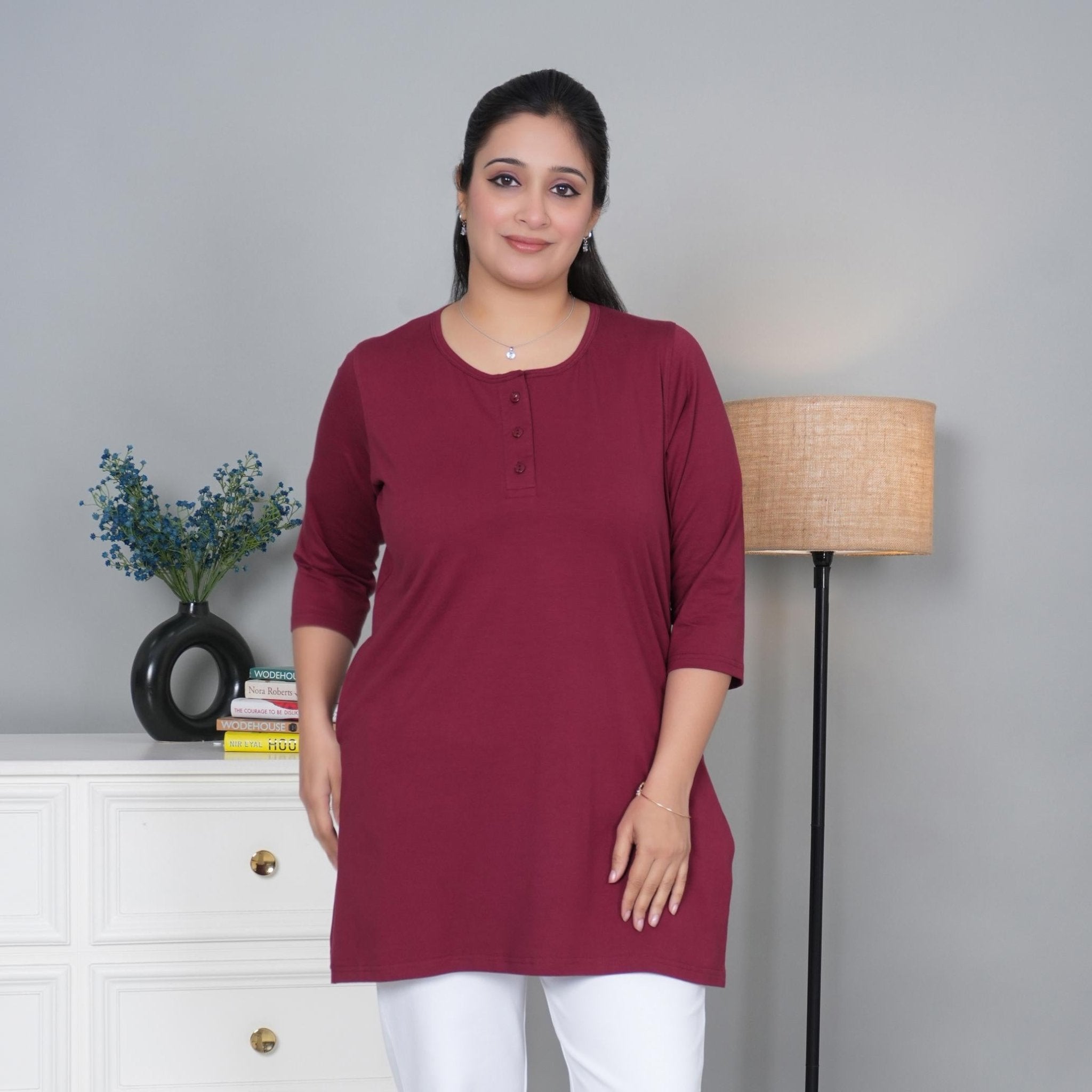 Maroon round neck henley cotton lycra t-shirt with pockets - Long cotton t-shirt