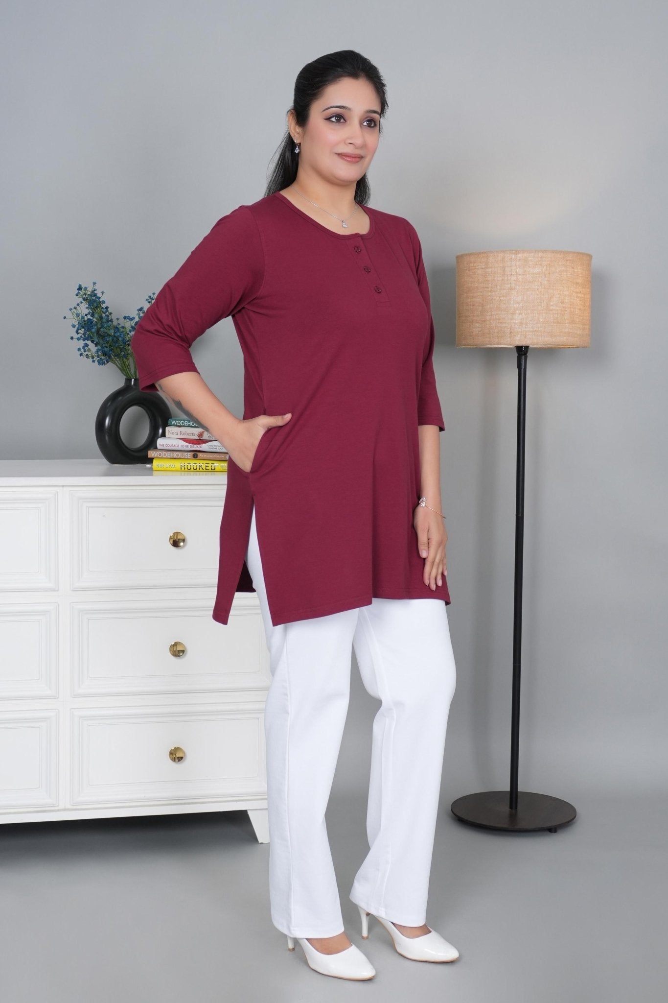 Maroon round neck henley cotton lycra t-shirt with pockets - Long cotton t-shirt