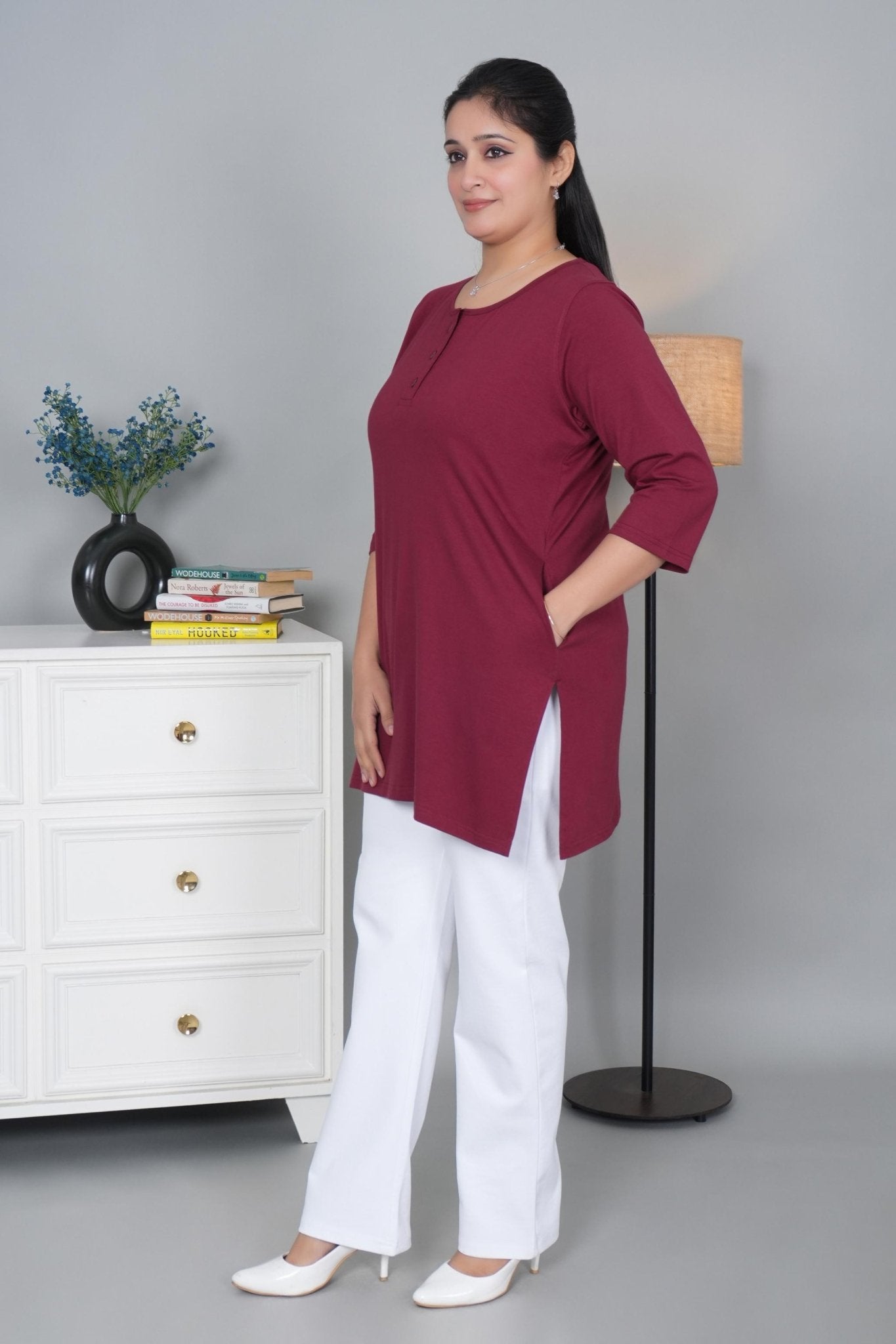 Maroon round neck henley cotton lycra t-shirt with pockets - Long cotton t-shirt