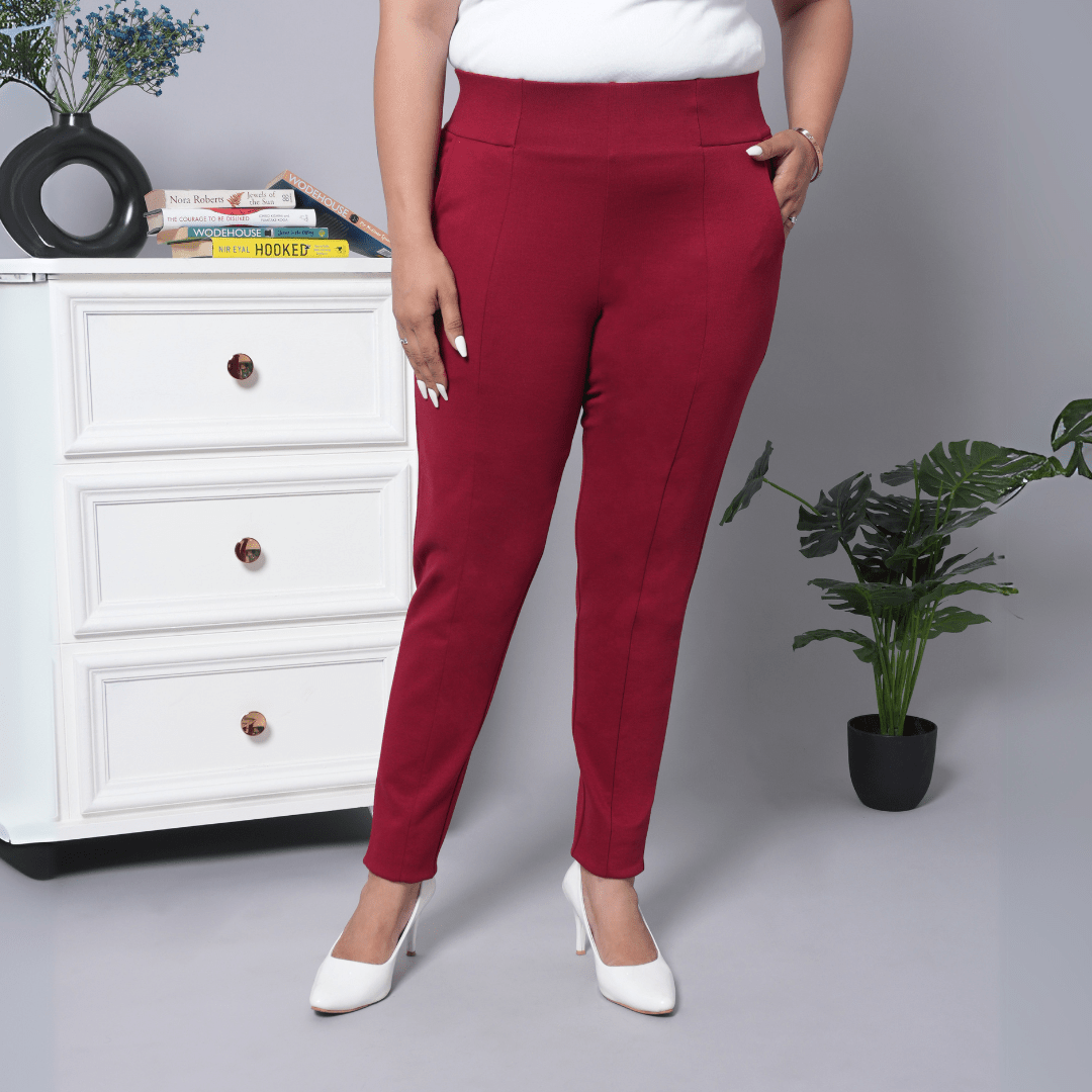 Maroon stretchable biowash USA HQ cotton premium jegging pant with pockets & superior elastic belt - Milano jegging pants with pcoket
