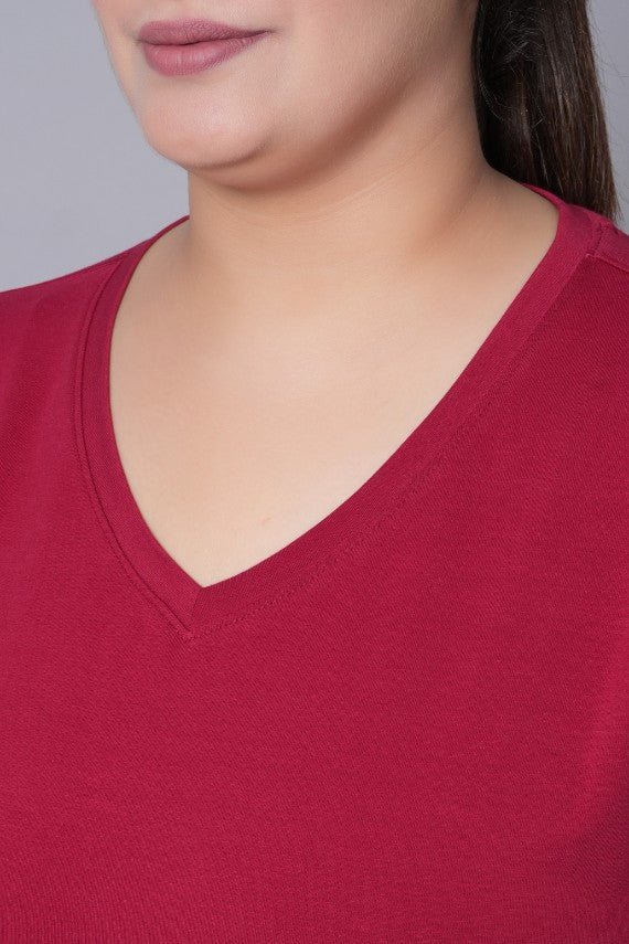 Maroon v neck cotton t-shirt with pockets - Long cotton v neck t-shirt