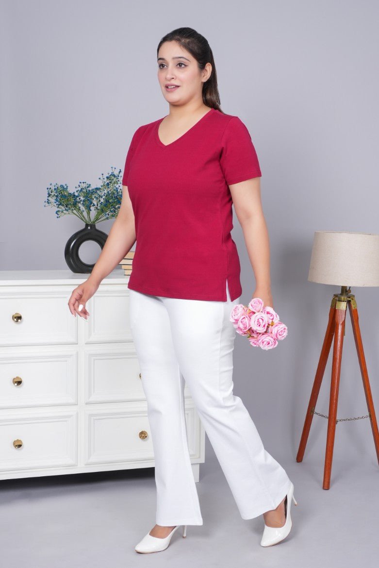 Maroon v neck cotton t-shirt with pockets - Long cotton v neck t-shirt