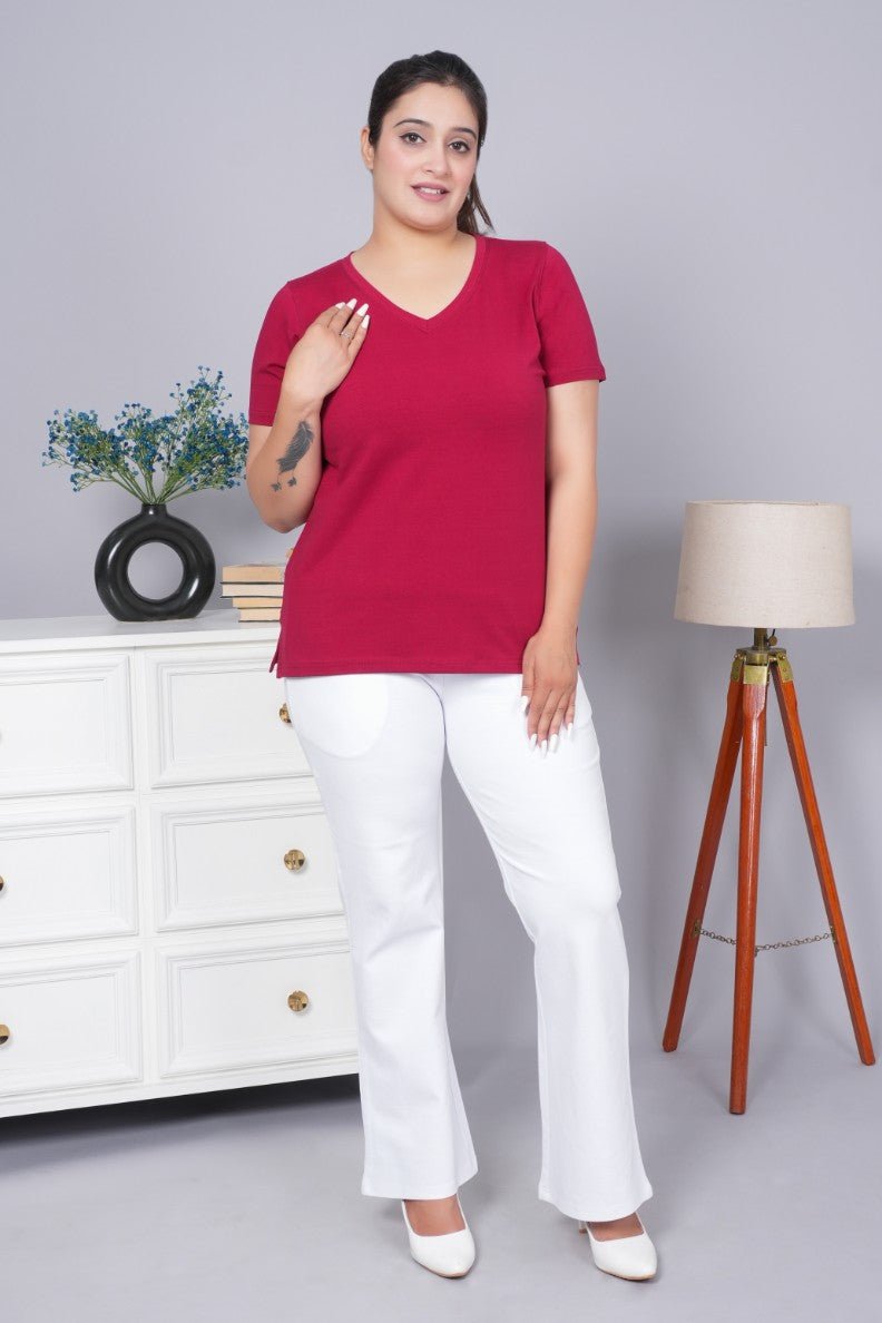 Maroon v neck cotton t-shirt with pockets - Long cotton v neck t-shirt