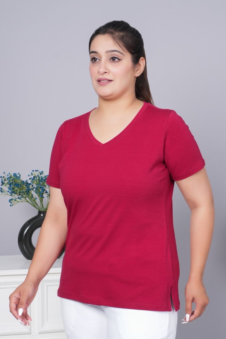 Maroon v neck cotton t-shirt with pockets - Long cotton v neck t-shirt