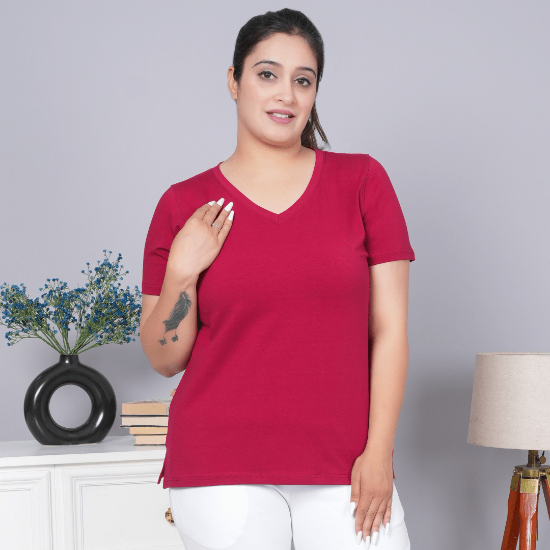 Maroon v neck cotton t-shirt with pockets - Long cotton v neck t-shirt