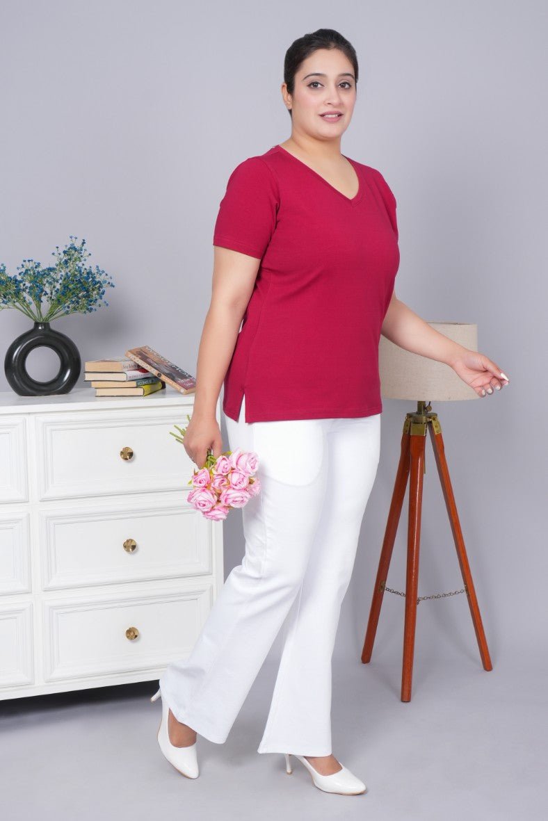 Maroon v neck cotton t-shirt with pockets - Long cotton v neck t-shirt
