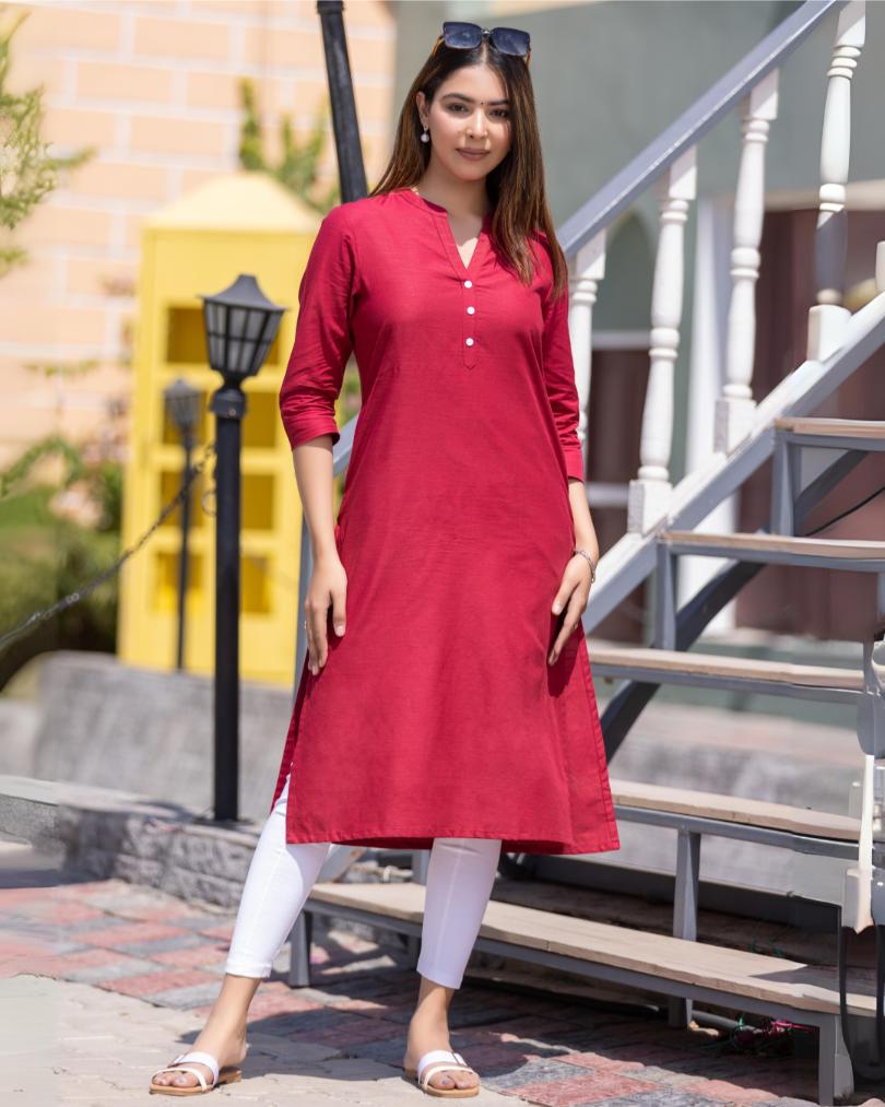Mehroon Cotton Linen Long Kurti for officewear - Long kurti