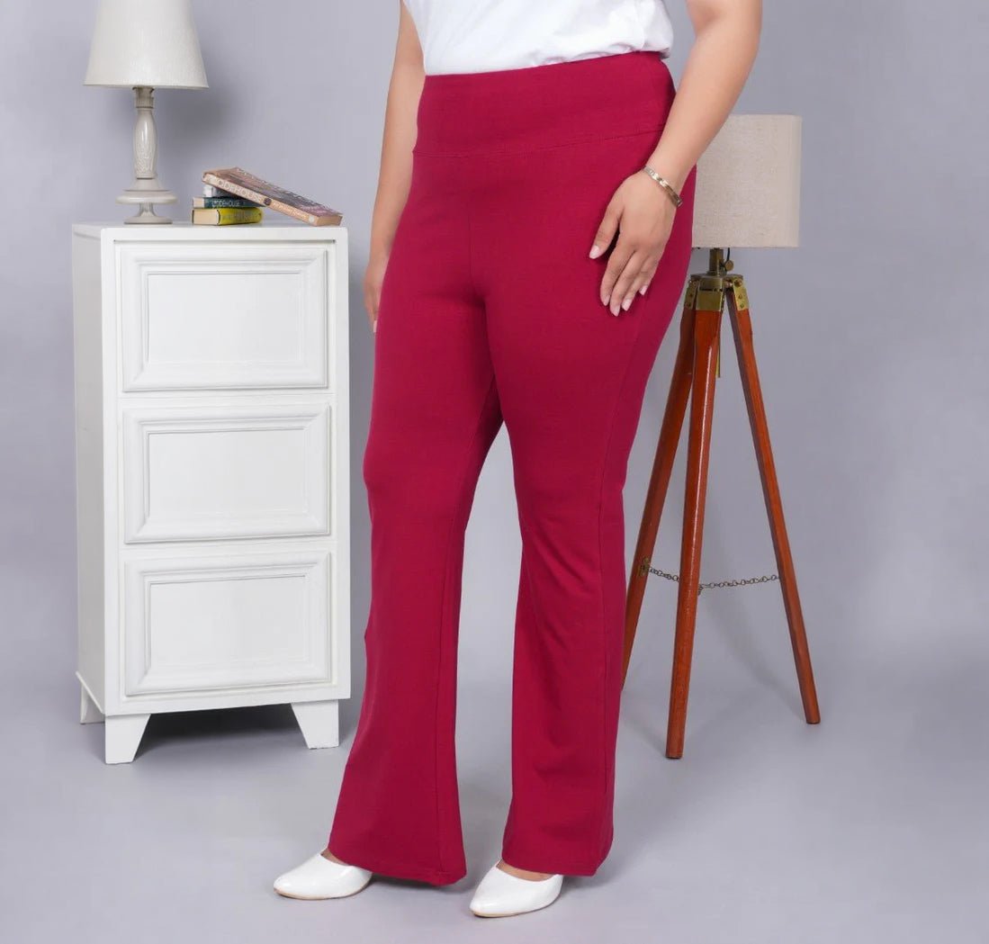 Mehroon stretchable biowash cotton lycra flare legging with superior elastic belt. -Cotton flare