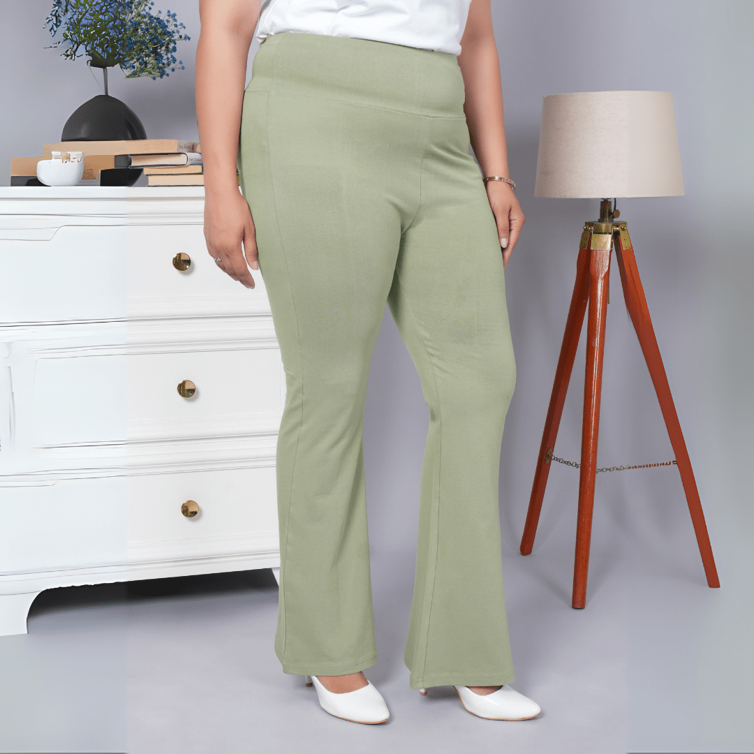 Mint stretchable biowash cotton flare pants with superior elastic belt. - Cotton flare