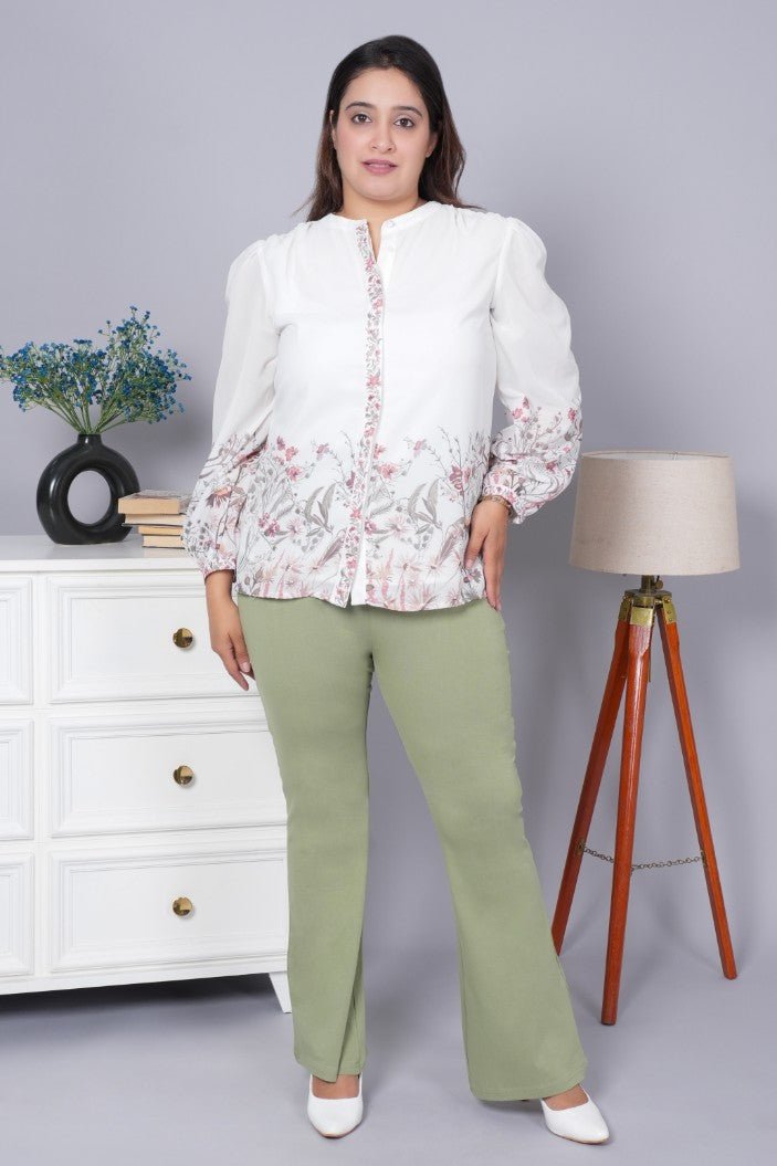 Mint stretchable biowash cotton flare pants with superior elastic belt. - Cotton flare