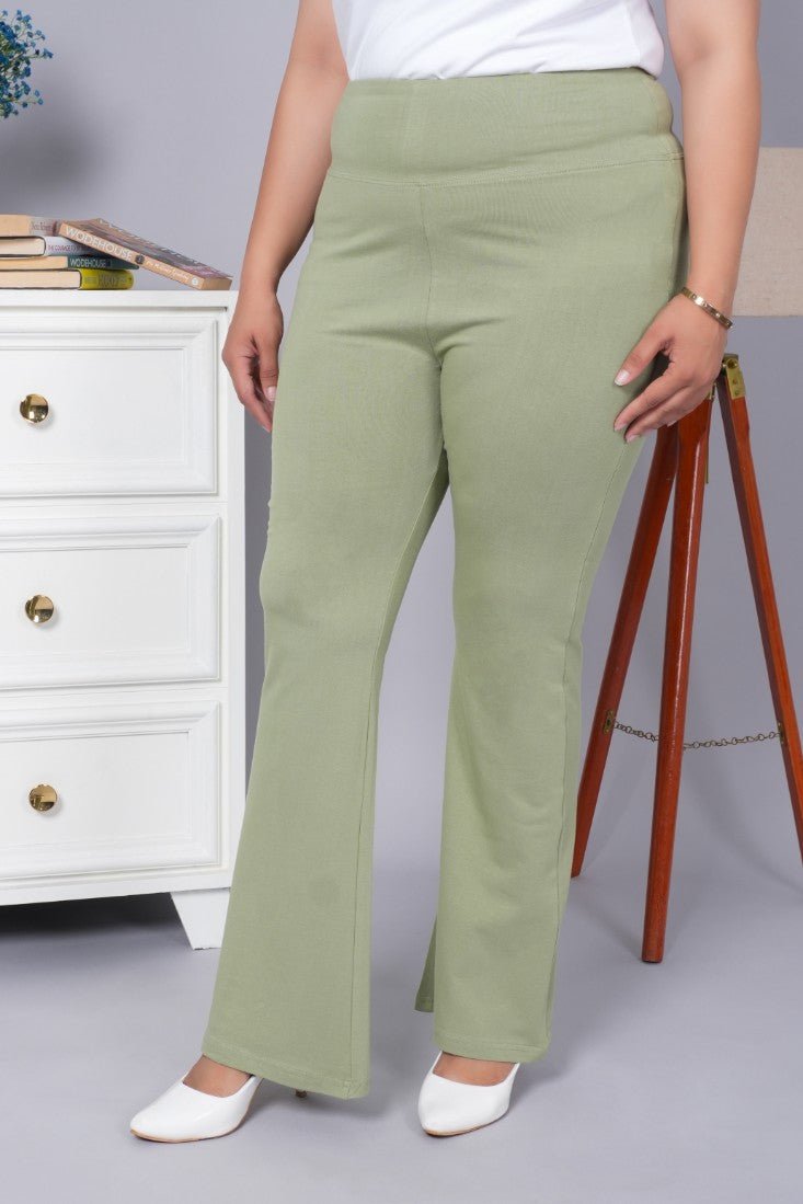 Mint stretchable biowash cotton flare pants with superior elastic belt. - Cotton flare