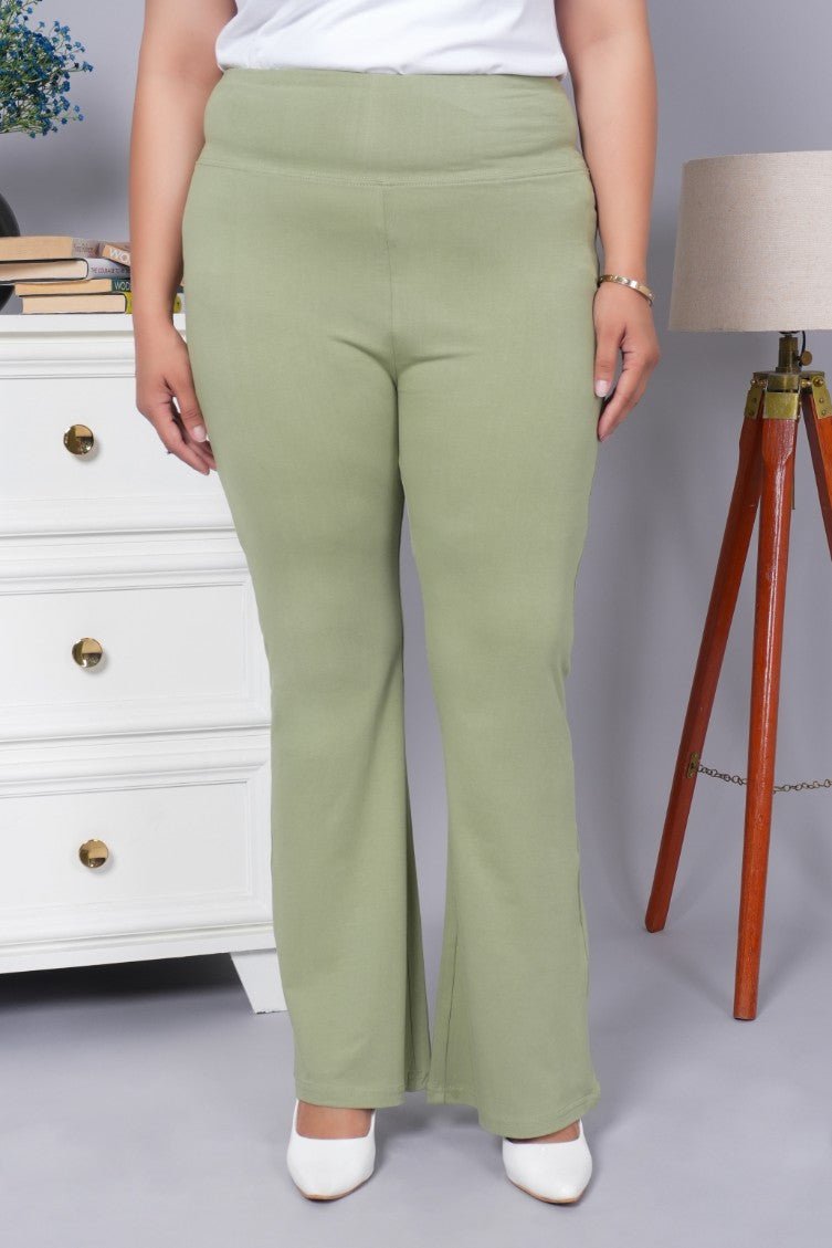 Mint stretchable biowash cotton flare pants with superior elastic belt. - Cotton flare