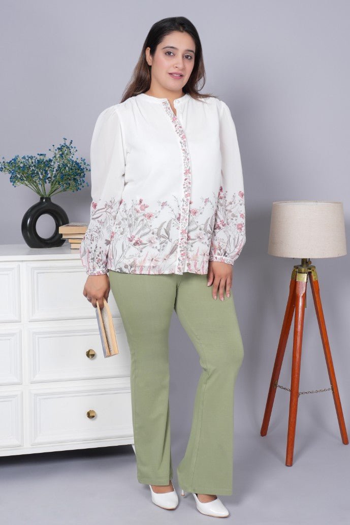 Mint stretchable biowash cotton flare pants with superior elastic belt. - Cotton flare