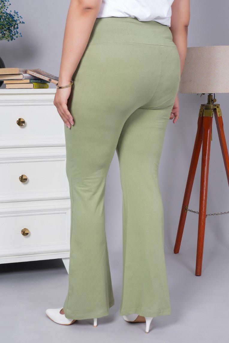 Mint stretchable biowash cotton flare pants with superior elastic belt. - Cotton flare