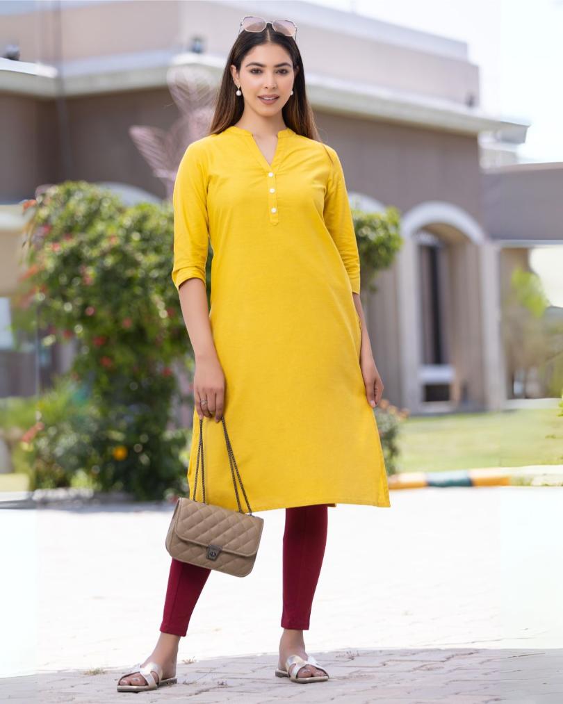Mustard Cotton Linen Long Kurti for officewear - Long kurti