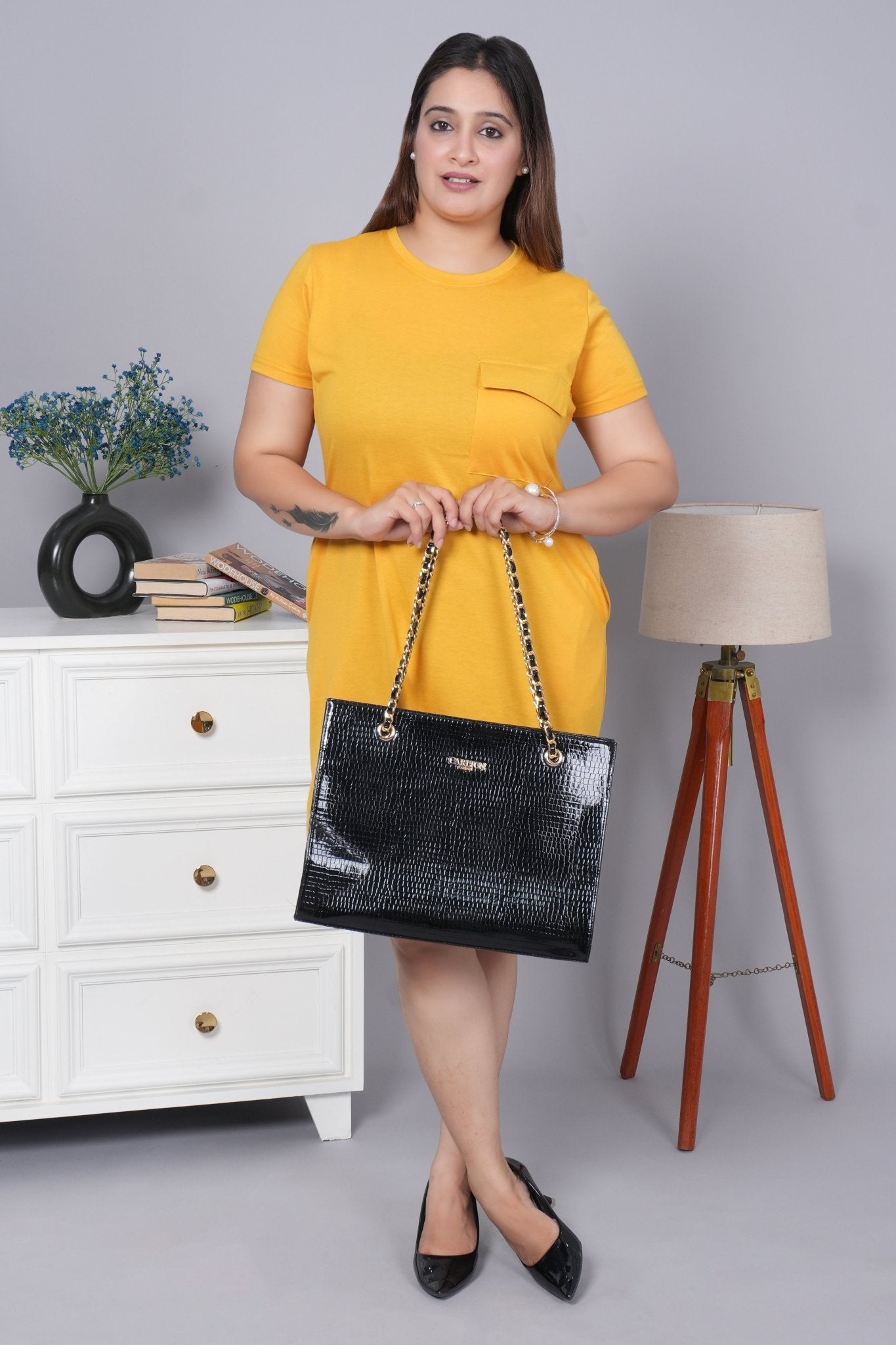 Mustard cotton round neck dress with flap pocket - Flap pocket dress