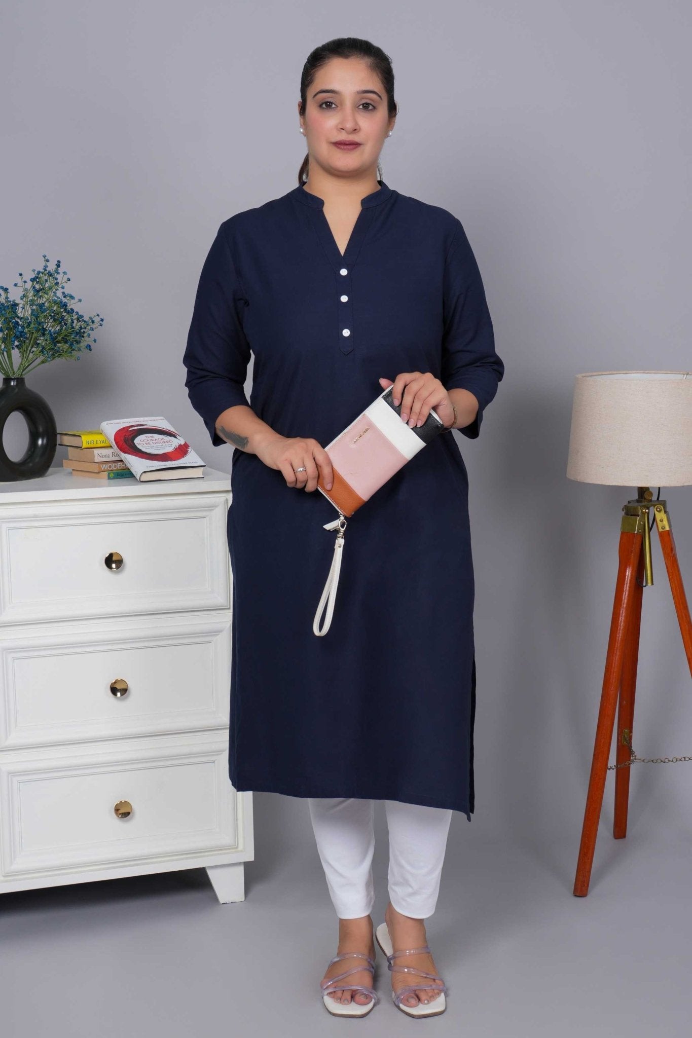 Navy 100% Premium Cotton Long Kurta - Long kurta