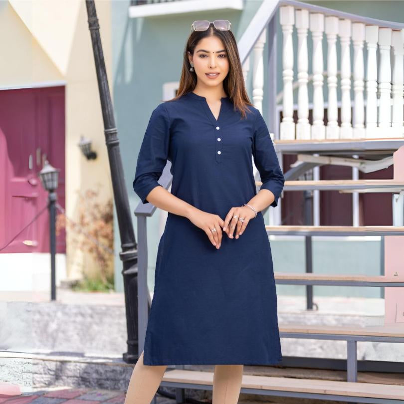 Navy Cotton Linen Long Kurti for officewear - Long kurti