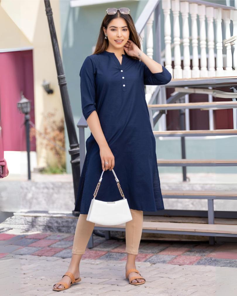 Navy Cotton Linen Long Kurti for officewear - Long kurti