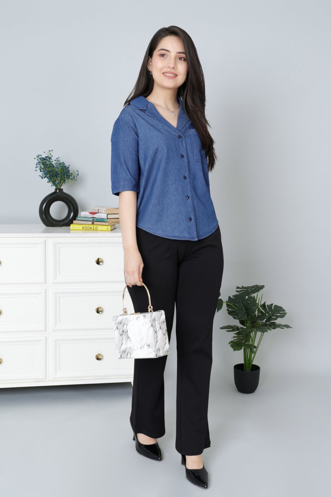 Navy lapel collar top -Lapel collar top