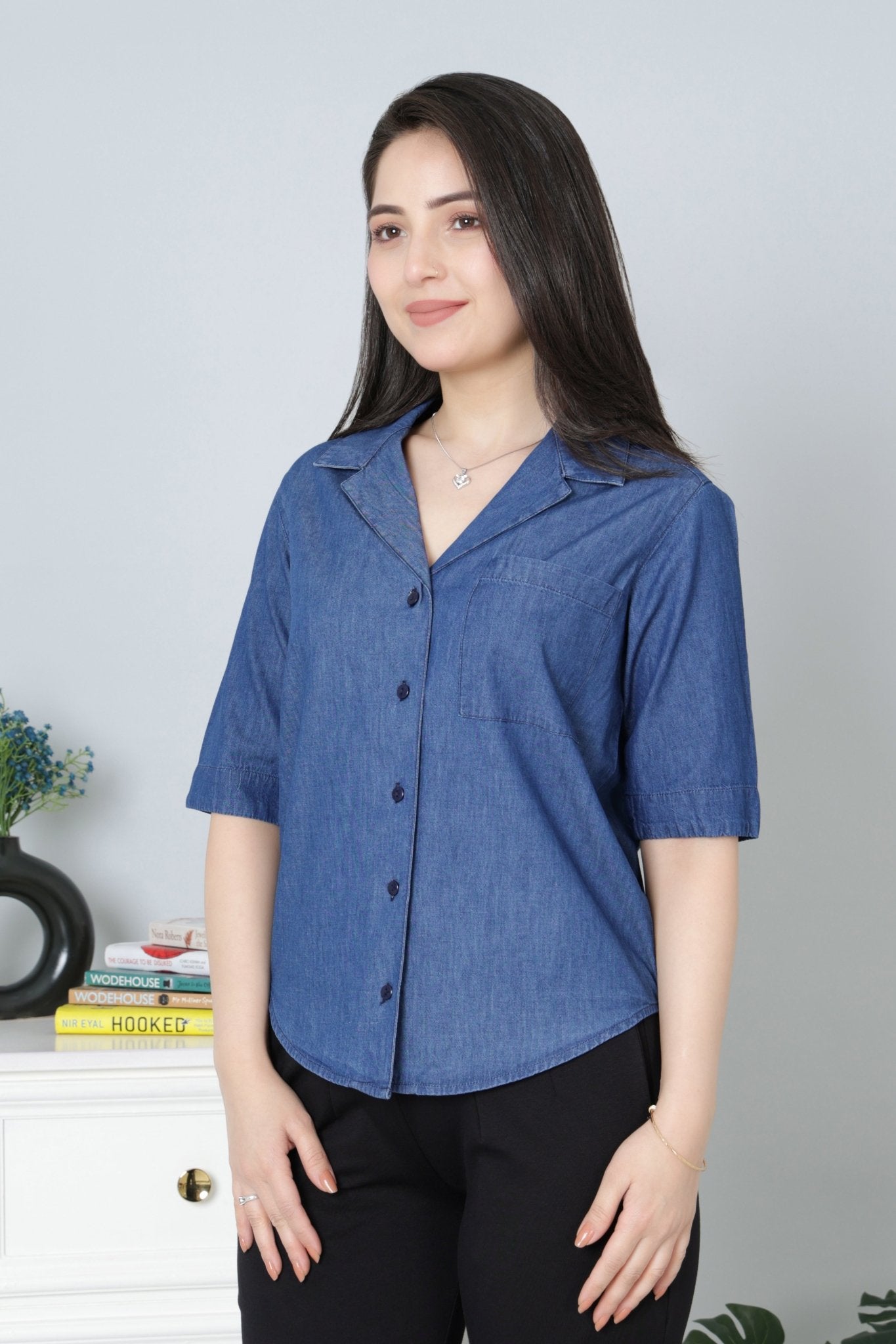 Navy lapel collar top -Lapel collar top