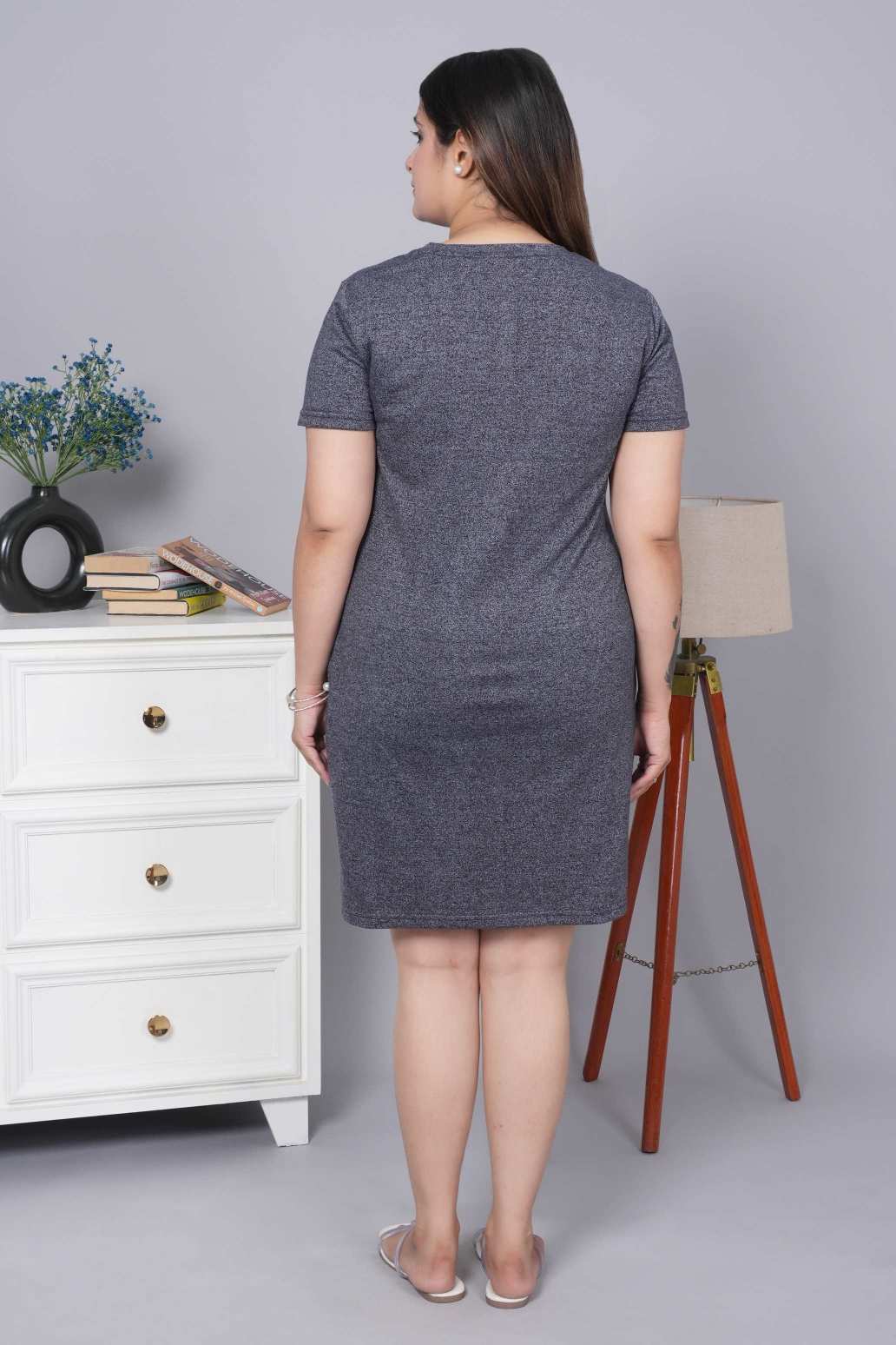 Navy melange cotton round neck dress with flap pocket - Flap pocket dress
