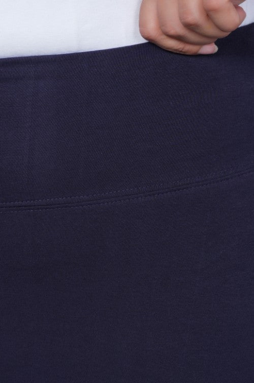 Navy stretchable biowash cotton flare pants with superior elastic belt. - Cotton flare
