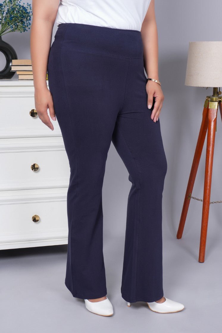 Navy stretchable biowash cotton flare pants with superior elastic belt. - Cotton flare