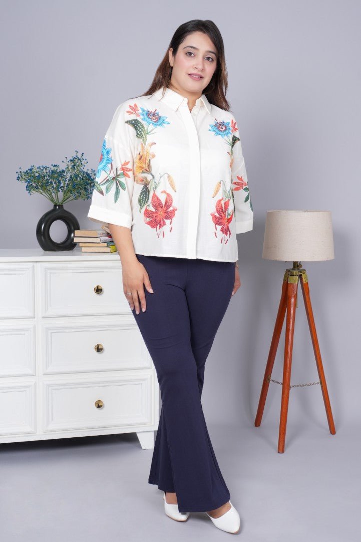 Navy stretchable biowash cotton flare pants with superior elastic belt. - Cotton flare