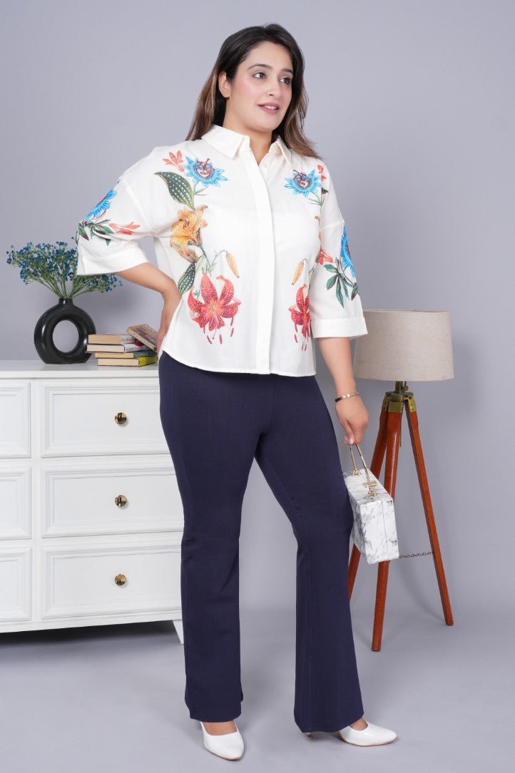 Navy stretchable biowash cotton flare pants with superior elastic belt. - Cotton flare