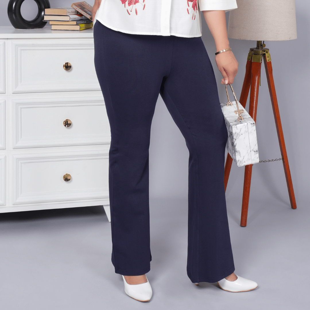 Navy stretchable biowash cotton flare pants with superior elastic belt. - Cotton flare
