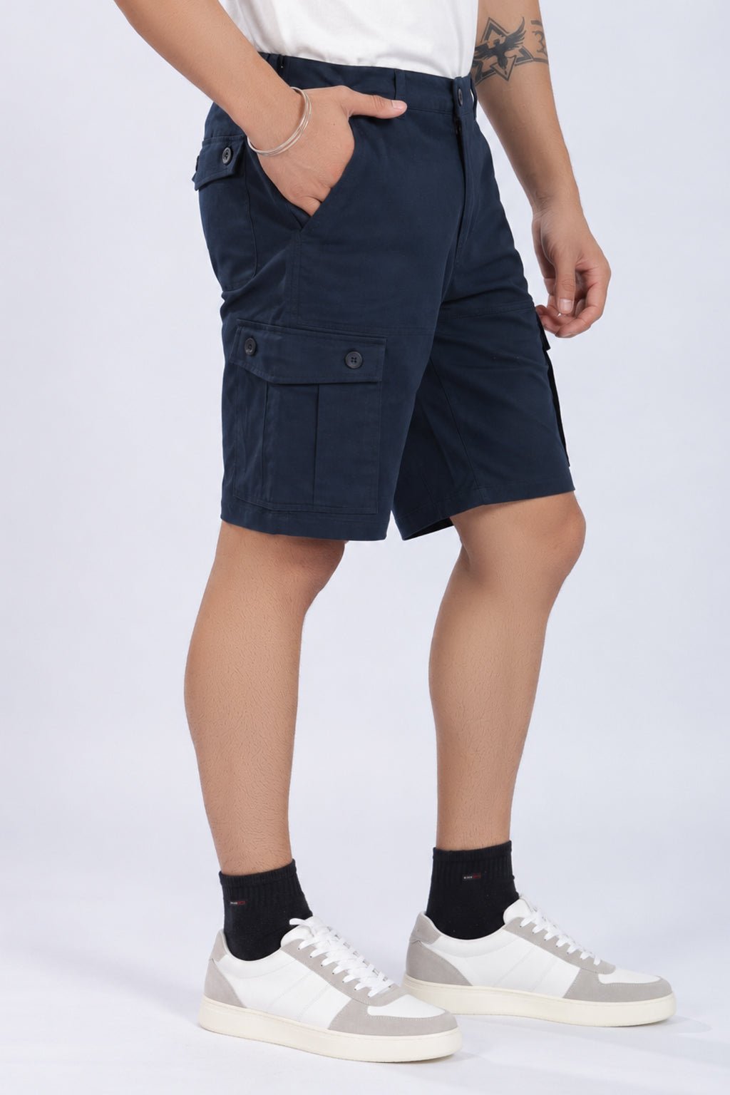Navy stretchable biowash HQ cotton travel shorts with superior elastic belt. -Travel shorts