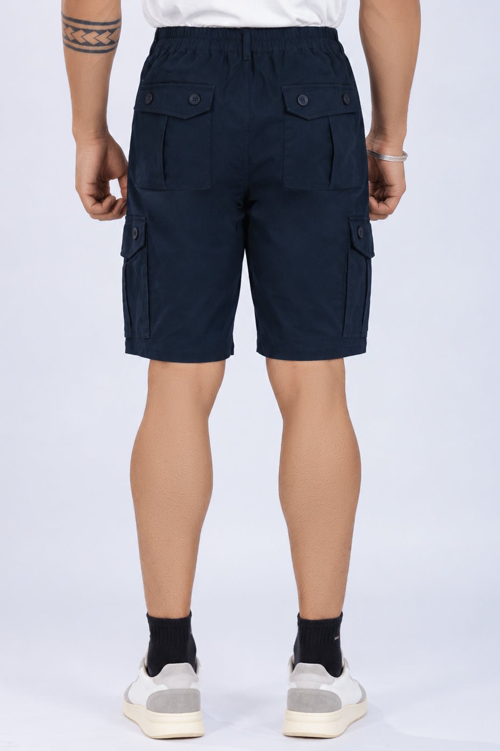 Navy stretchable biowash HQ cotton travel shorts with superior elastic belt. -Travel shorts