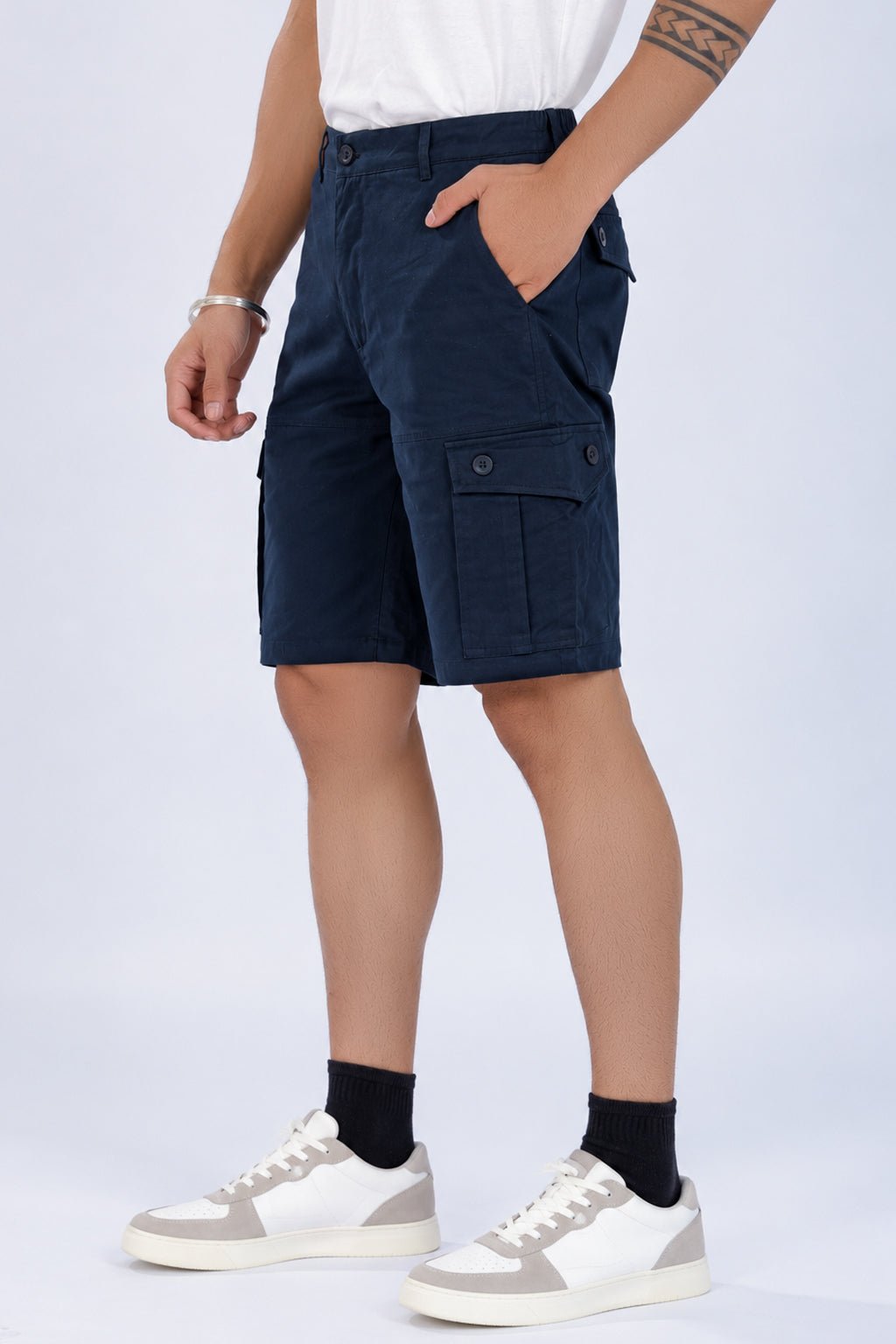 Navy stretchable biowash HQ cotton travel shorts with superior elastic belt. -Travel shorts